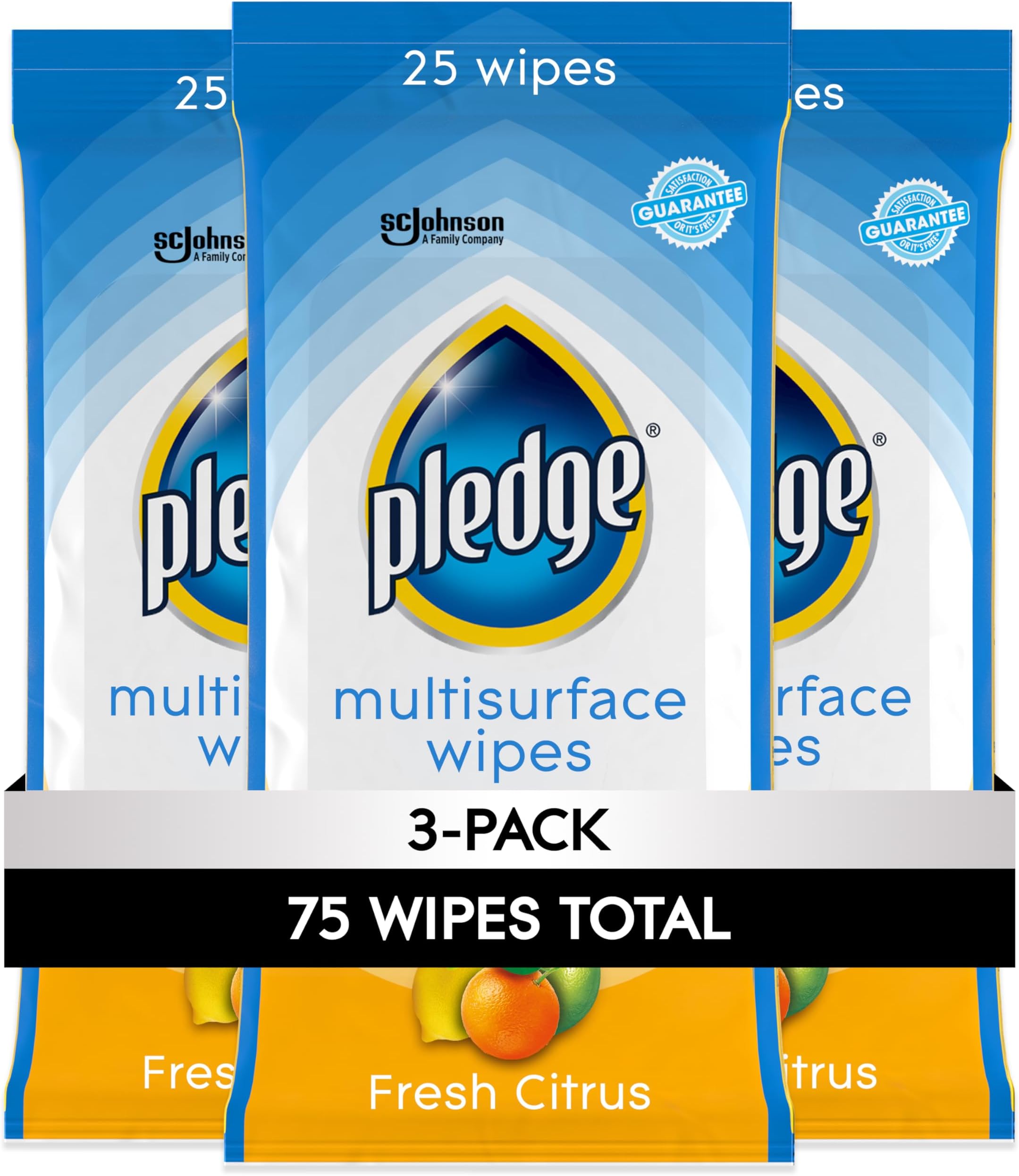 Pledge Multisurface Cleaning Wipes, pH Balanced, Fresh Citrus, 25 Count (Pack of 3, 75 Total Wipes)