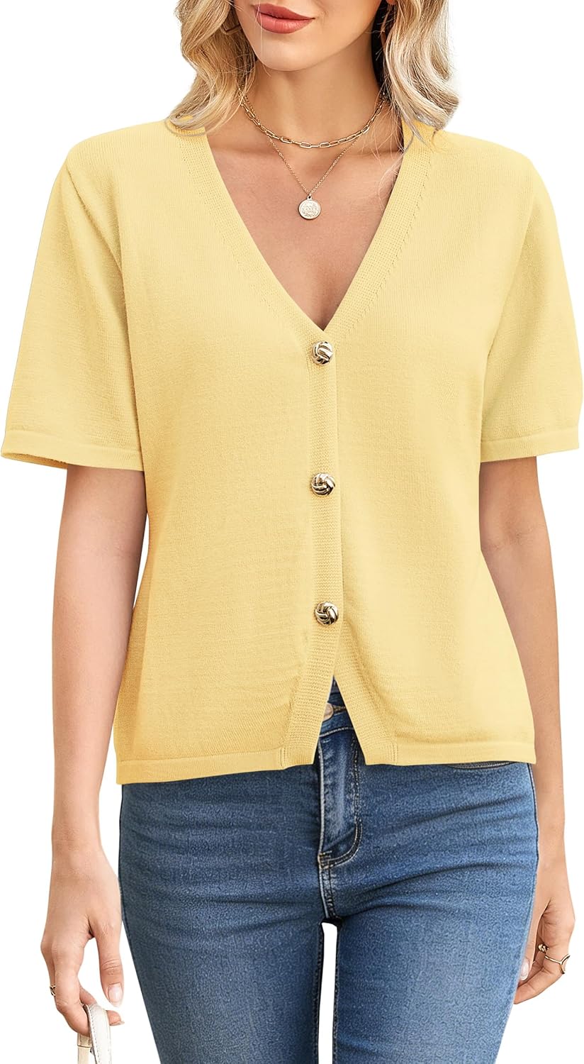 Cardigan Sweaters for Women Short Sleeve V Neck Cardigans Lightweight Button Up Sweater Spring Knit Tops