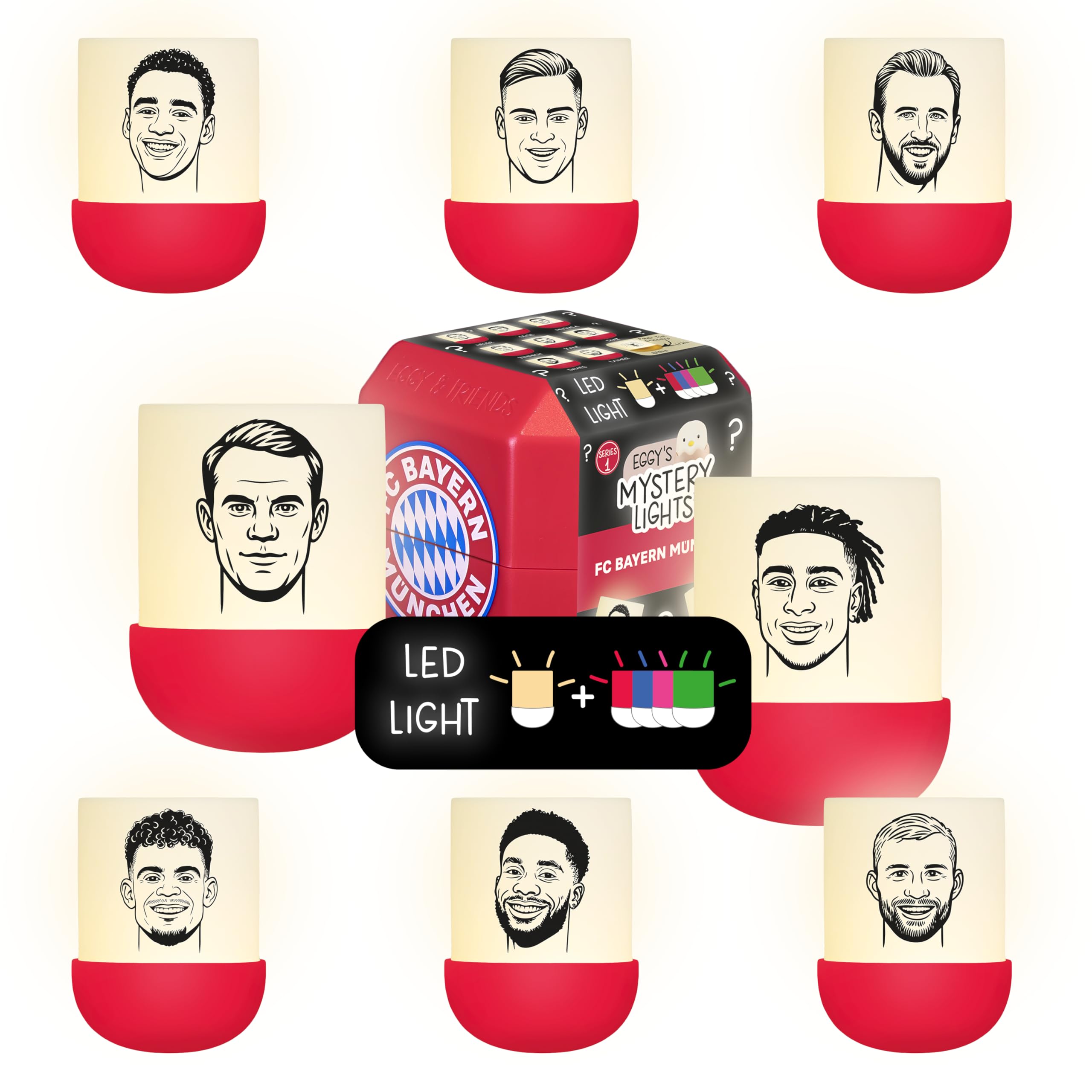 MegaLight EGGY & Friends Blind Box Mini Nachtlichter | FC Bayern München Fanartikel | zufällige Figurenauswahl | 1 aus 9 zum Sammeln | USB-C AKKU | wiederaufladbar | EGGY'S Mystery Lights FCB Edition