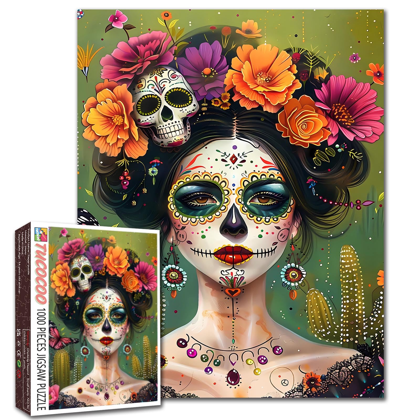 Tucocoo Day of The Dead Female Jigsaw Puzzles for Adults 1000 Pieces, Flowers Skull Girl Portrait Art Puzzle Colorful DIY Craft Puzzles for Home Decoration Gift, Family Puzzle Perfect for Game Nights