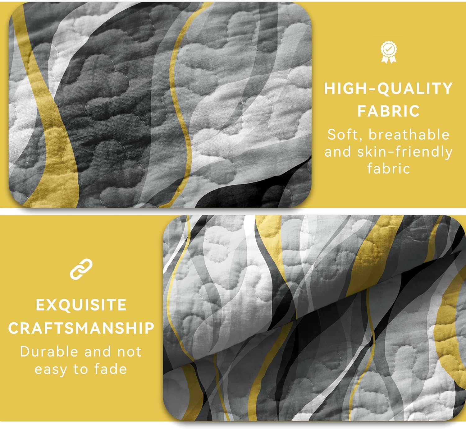 Classic Line Pattern Bedding Quilt King Size Modern Grey Yellow and White Stripe Quilt with 2 Shams, Gray and Yellow Comforter Sets Lightweight Breathable Bedspreads Coverlet, 96''x106''