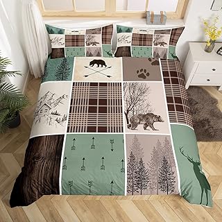 Manfei Wild Bear Duvet Cover Queen Size for Kids Teen Bedroom Decor Deer Elk Rustic Animal Ultra Soft Bedding Set Black White Retro Farmhouse Plaid Patchwork Comforter Cover