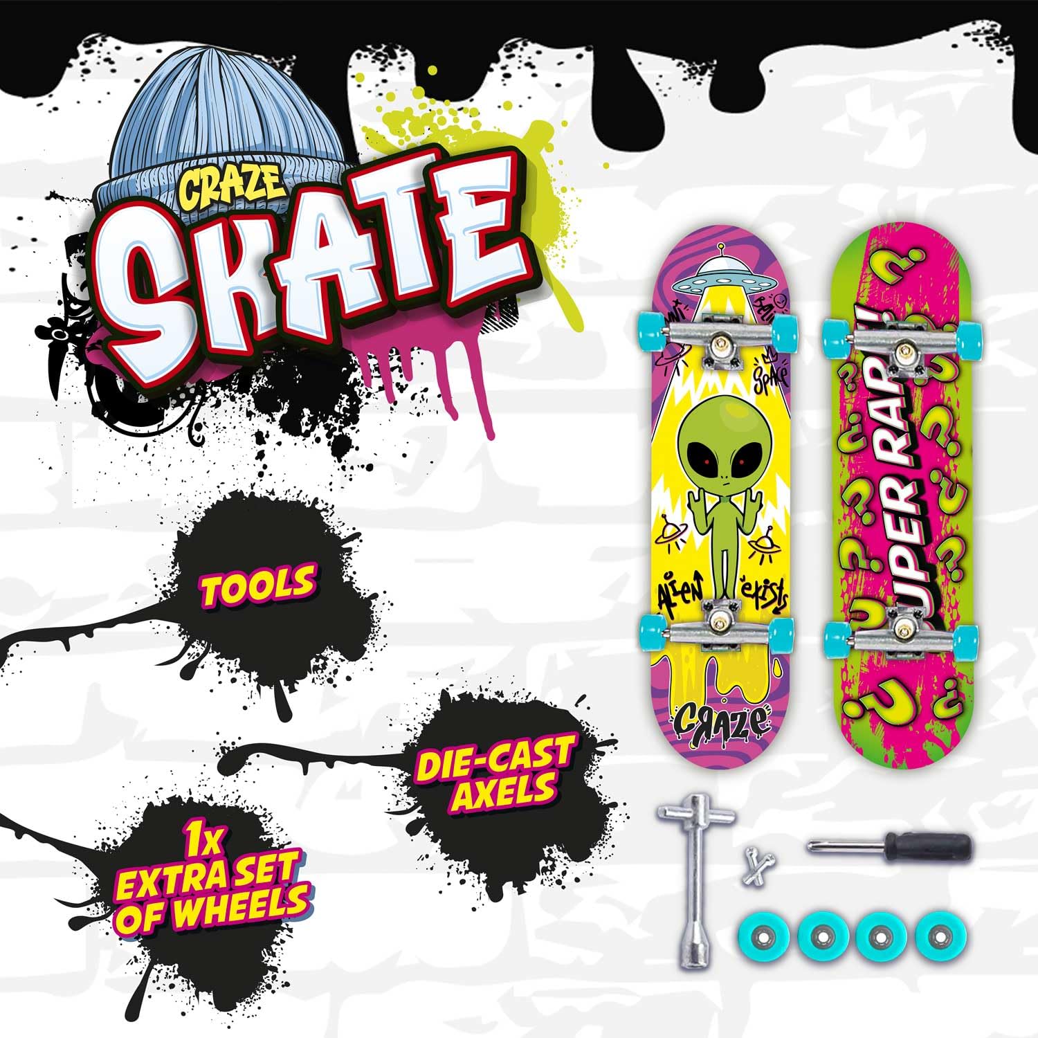 CRAZE SKATE Fingerboard Set Pack of 2 Finger Boards, Mini skateboards with Accessories - fidget toys for kids Neon - Image 2