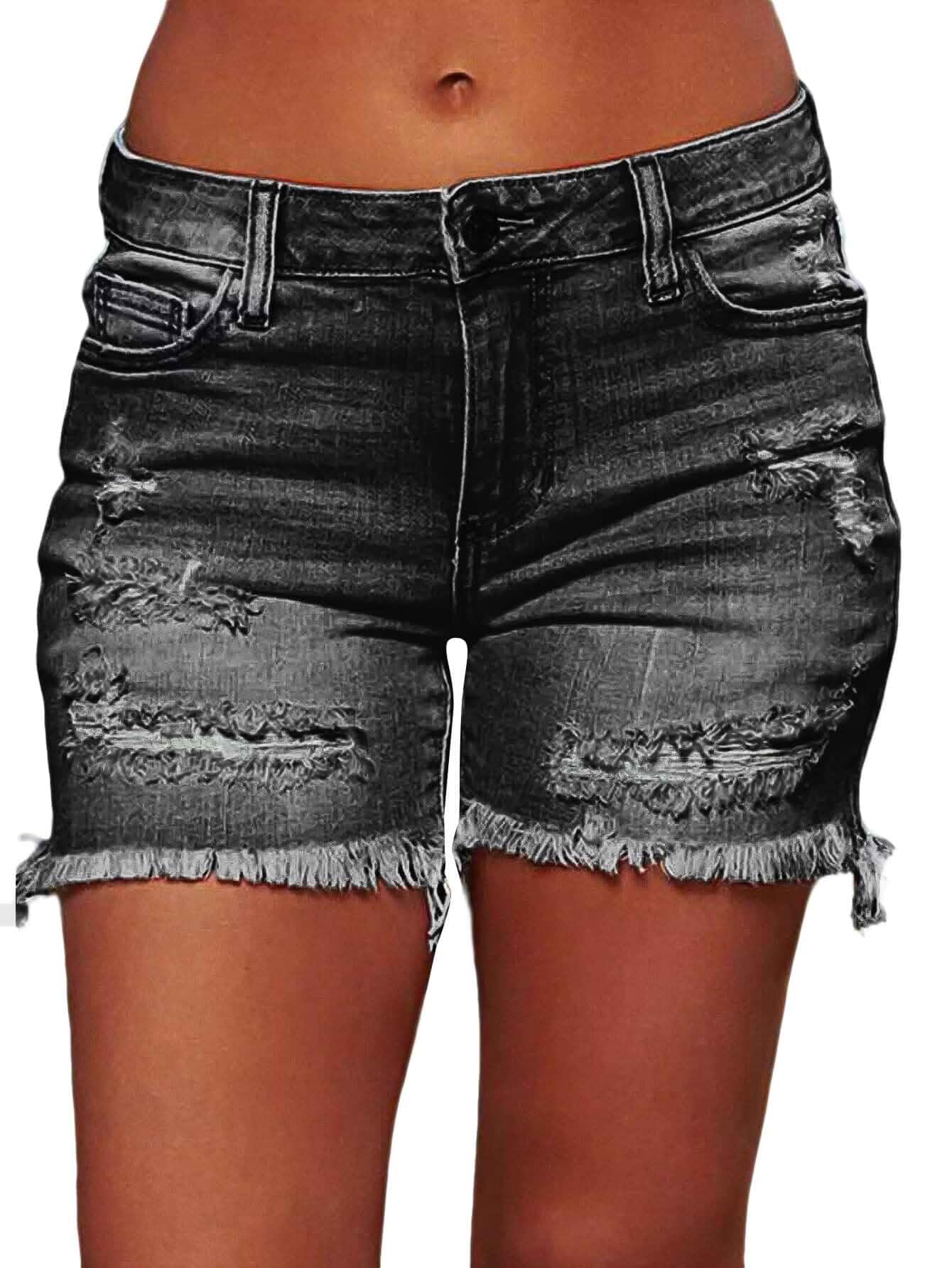 Flamingals Ripped Stretchy Jean Raw Hem Shorts for Women Low Waist Casual Trendy Denim Shorts, Jean Shorts for Women, Denim Fabric, Stretch Comfort, Stretchy
