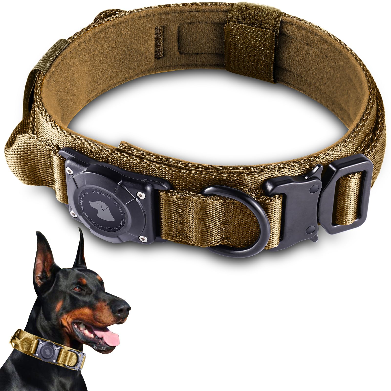 JIARUI Tactical Dog Collar with Handle, Waterproof Airtag Dog Collar, Thick Adjustable Dog Collar with Padded, Metal Buckle for Medium Large Dogs (Khaki, L (18 - 23 inches))