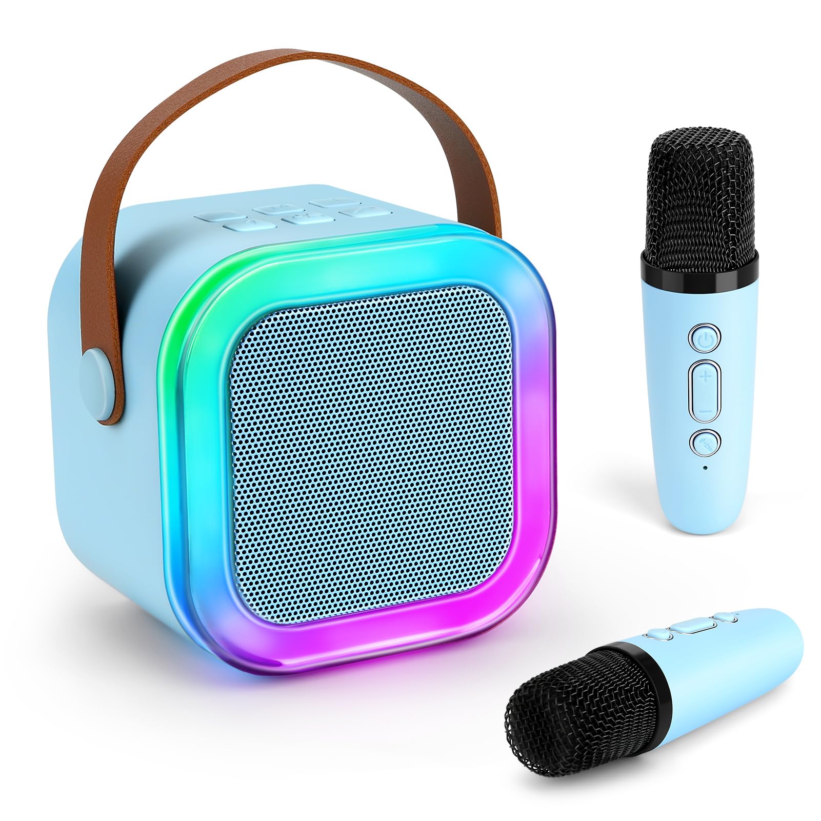 Máquina de karaoke para niños, mini 5.3 Bluetooth con efectos de voz y luces LED, máquina de karaoke con 2 micrófonos inalámbricos, regalos para niños y niñas de 3 a 18 años
