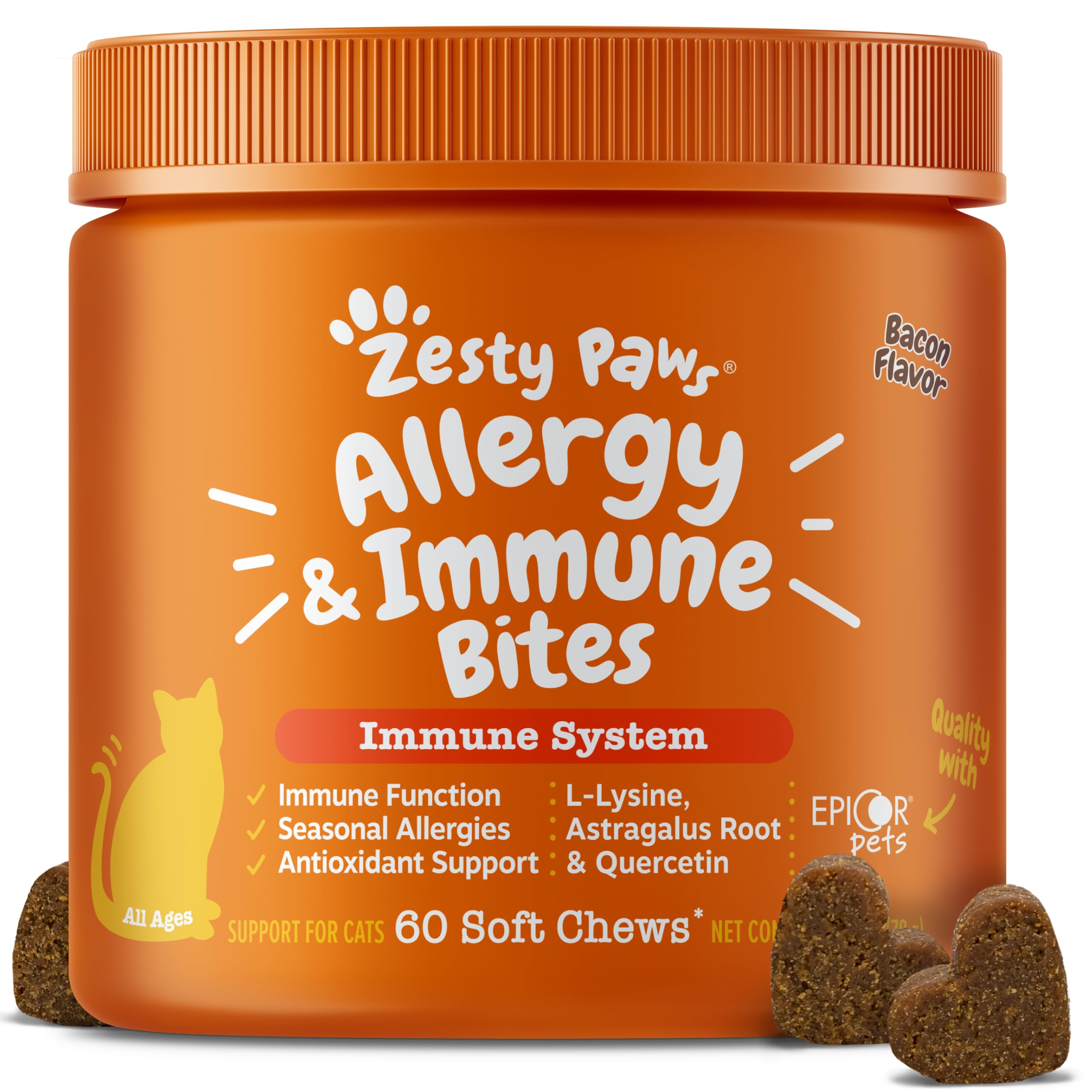 Zesty Paws Lysine Immune Soft Chews for Cats - with L-Lysine, EpiCor, Astragalus Root, Quercetin & Antioxidants - Advanced Functional Supplement for Cat Immune Support - Salmon Flavor - 60 Count