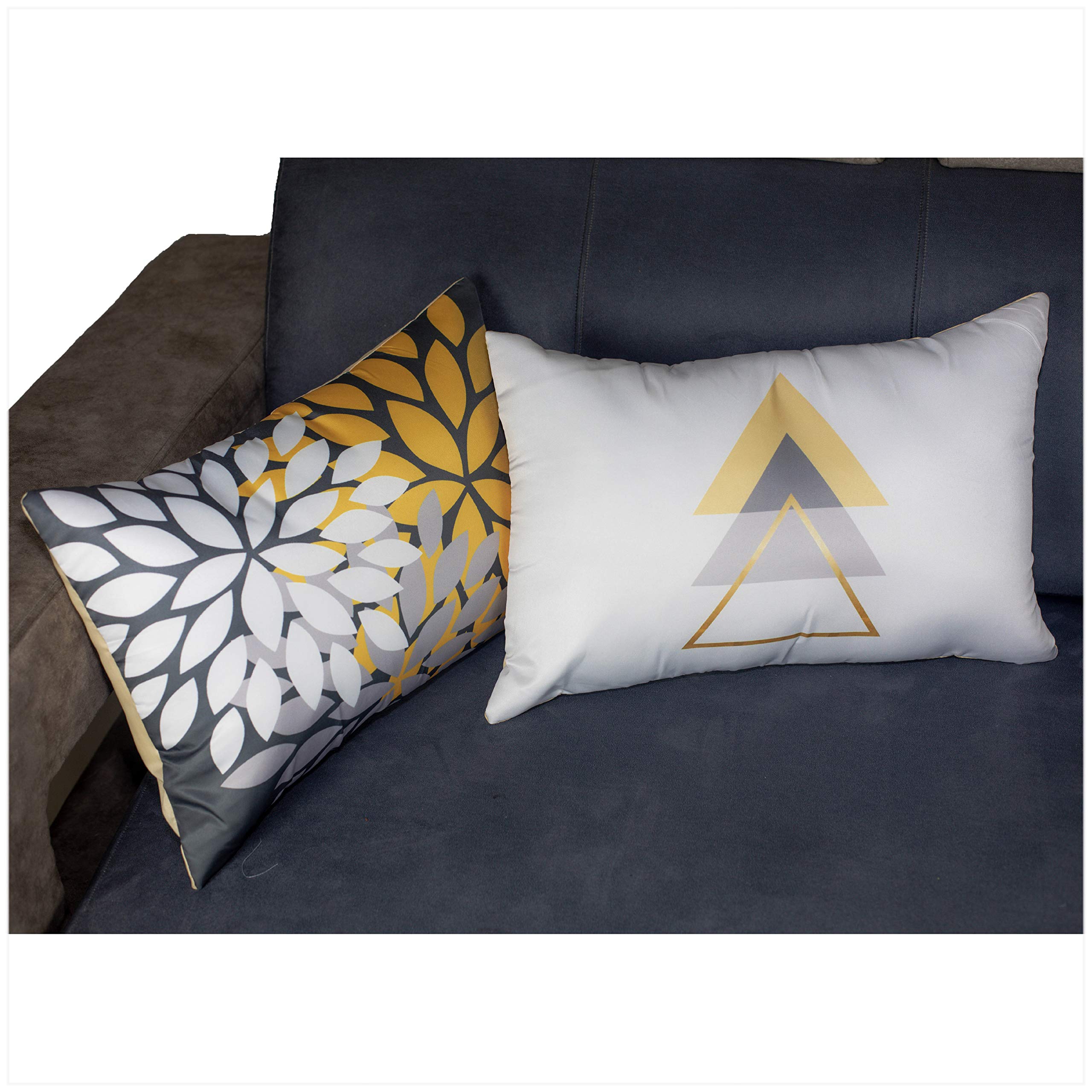 Vendola Rectangle Decorative Printed Satin Cushion/Pillow Covers (Multicolour) Set of 2 Pieces (12X18 Inches Rectangle Cushion Covers) (Iris Yellow Triangle, 12X18 Cushion Covers with Fillers) (B0927WG8FG) Amazon Price History, Amazon Price Tracker