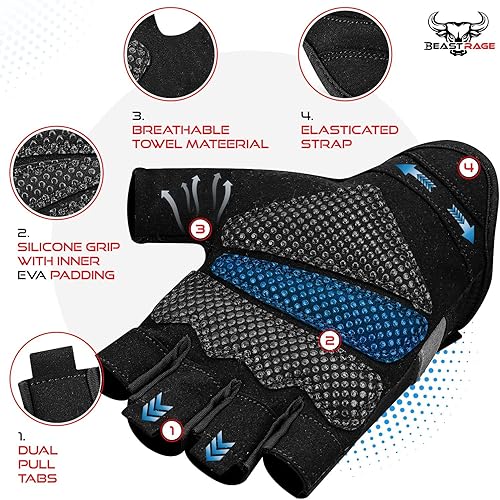 Miniatura 3 de BEAST RAGE Guantes sin dedos para levantamiento de pesas con acolchado de protección en la palma, guantes de gimnasio transpirables y ligeros para
