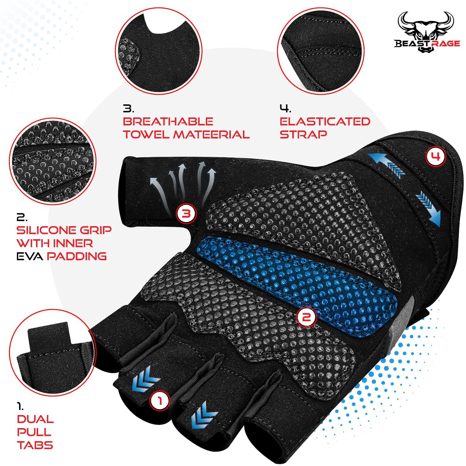 BEAST RAGE Fingerless Weight Lifting Gloves with Palm Protection Padding, Breathable Lightweight Gym Gloves for Men, Women, Weightlifting, Cycling, Exercise, Training Pull Up