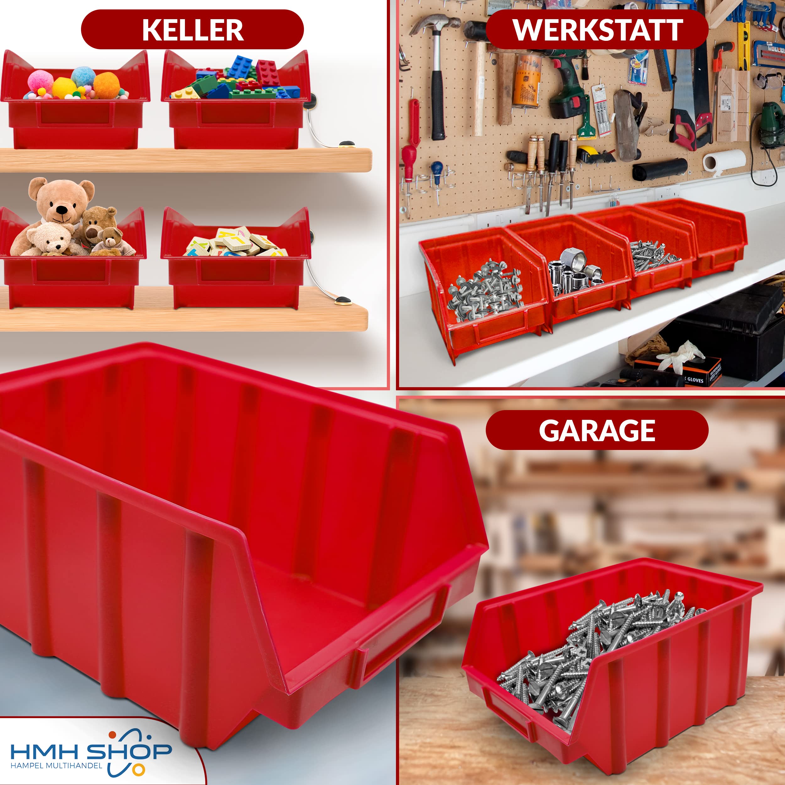 HMH 80x Stapelboxen Rot Größe 2 für Werkstatt Garage Sichtlagerboxen (LxBxH) 175x103x76mm Lagerboxen rote Sichtlagerkästen zur Kleinteile Aufbewahrung Stapelbox PP