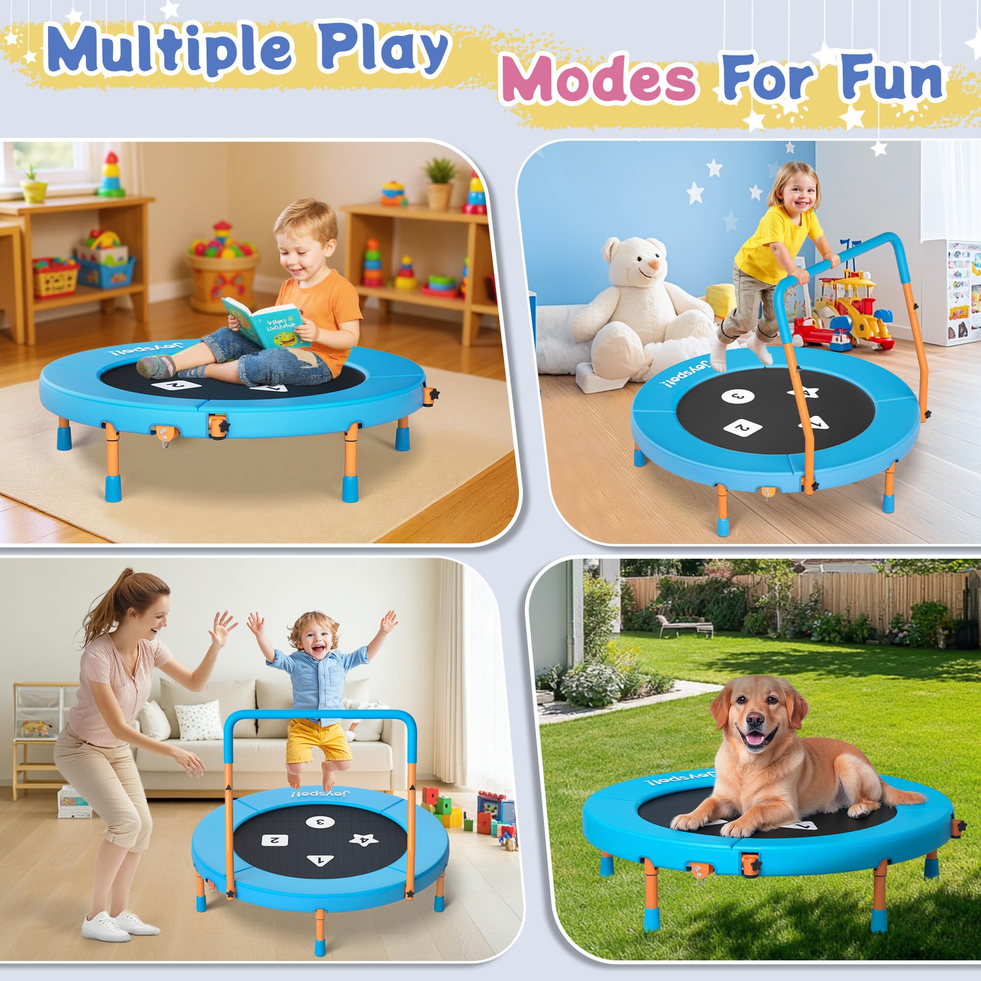 JOY SPOT! Ø91cm Trampolin Kinder Indoor, Mini Trampolin mit Verstellbarer Haltegriff, Faltbares Kindertrampolin bis 45 kg, Fitness Rebounder mit Sicherheitspolster für Kleinkind 3-12