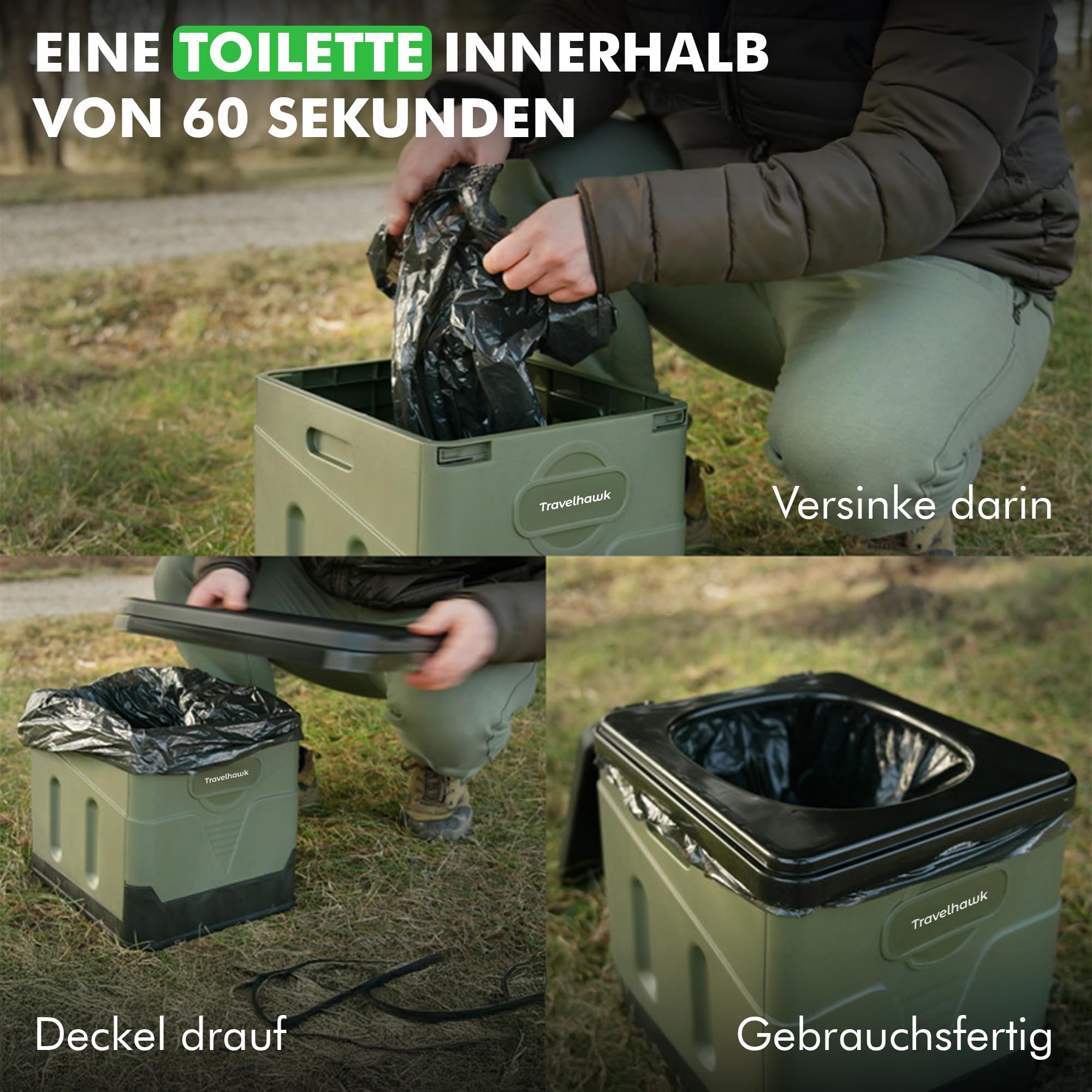 Campingtoilette Faltbar | Klapptoilette bis 150 kg | 12 Bio-Toilettenbeutel & Aufbewahrungstasche | Tragbares Outdoor WC – Camping, Festival, Stau, Notfall