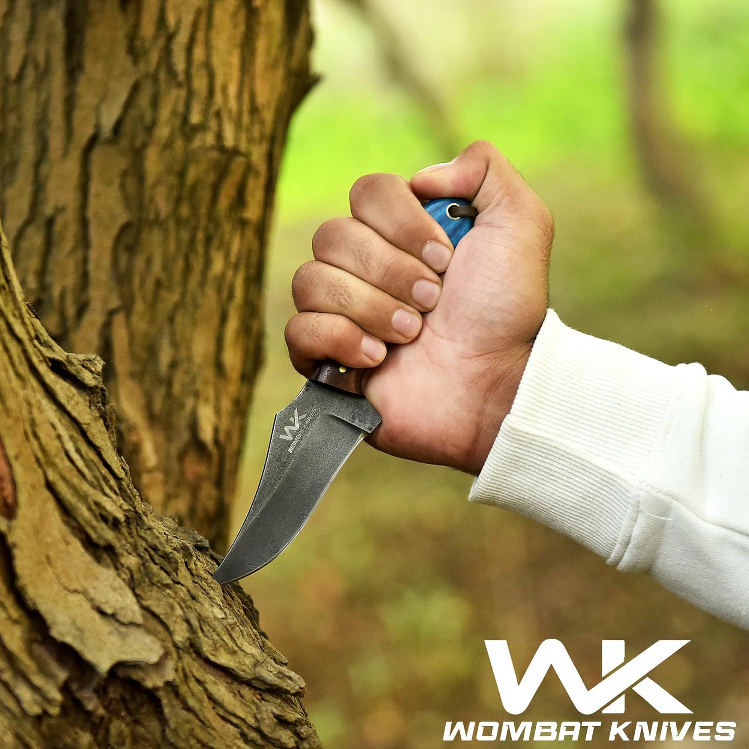 Handmade Cowboy Knife for Men & Women with Leather Sheath, Fixed Blade EDC Hunting Knife for Outdoor Skinning Full Tang blade (Blue Wood)