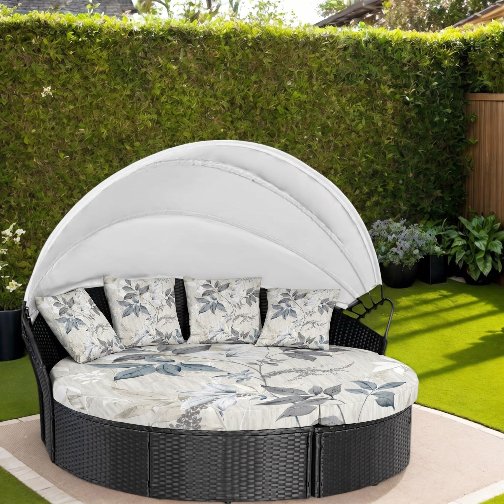 LiveGo Outdoor Daybed Cushion Cover, 66" Replacement Daybed Cover with Elastic Band, Sun Bed Cushion Cover, Outdoor Round Bed Cushion Covers (Flower A, 4 Quarters Round Covers + 3 Pillow Covers)