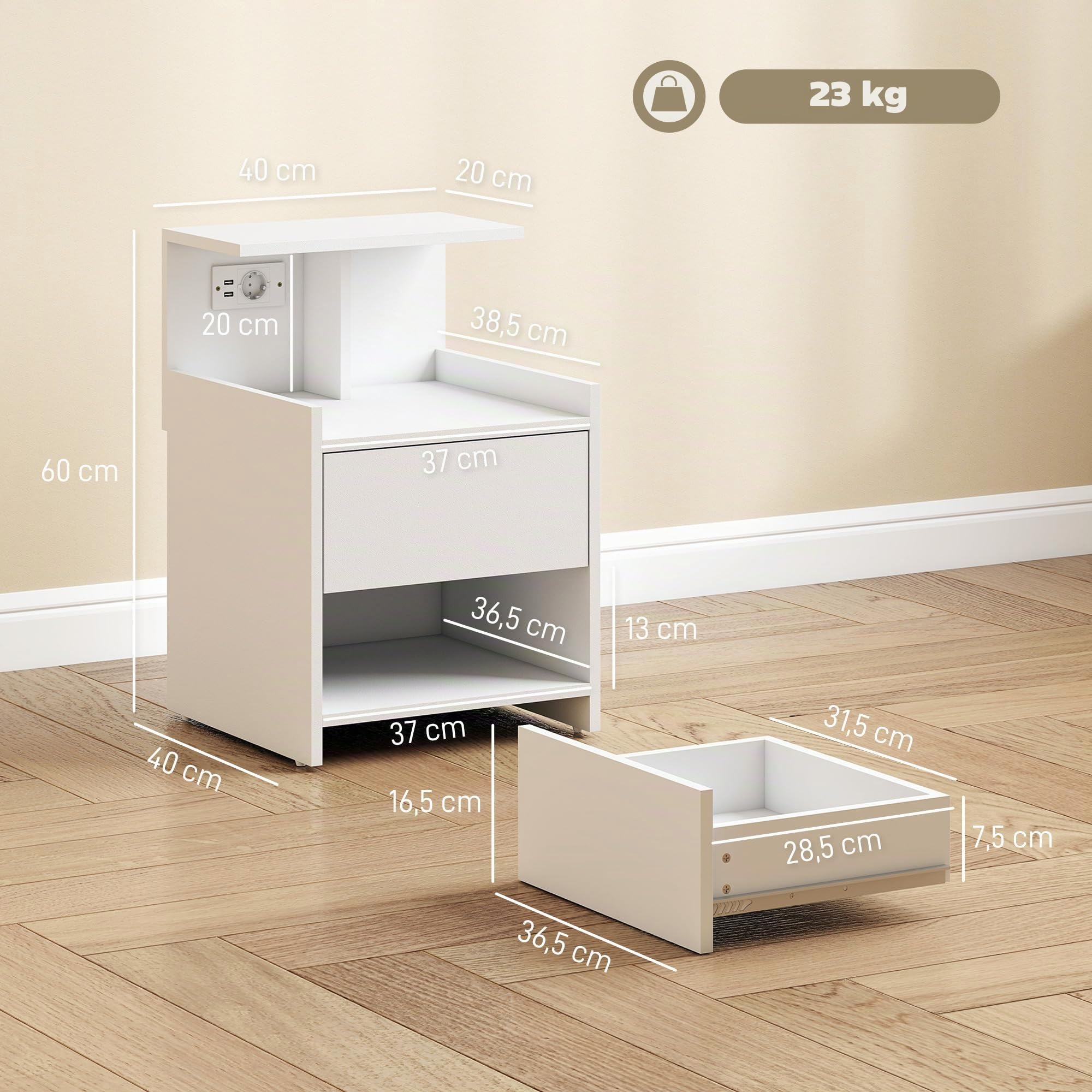 HOMCOM Mesita de Noche con Estación de Carga Cajón 40x40x60 cm Blanco | Mesilla de Noche Dormitorio, Puertos USB, Estantes Abiertos, para Salón, Estudio