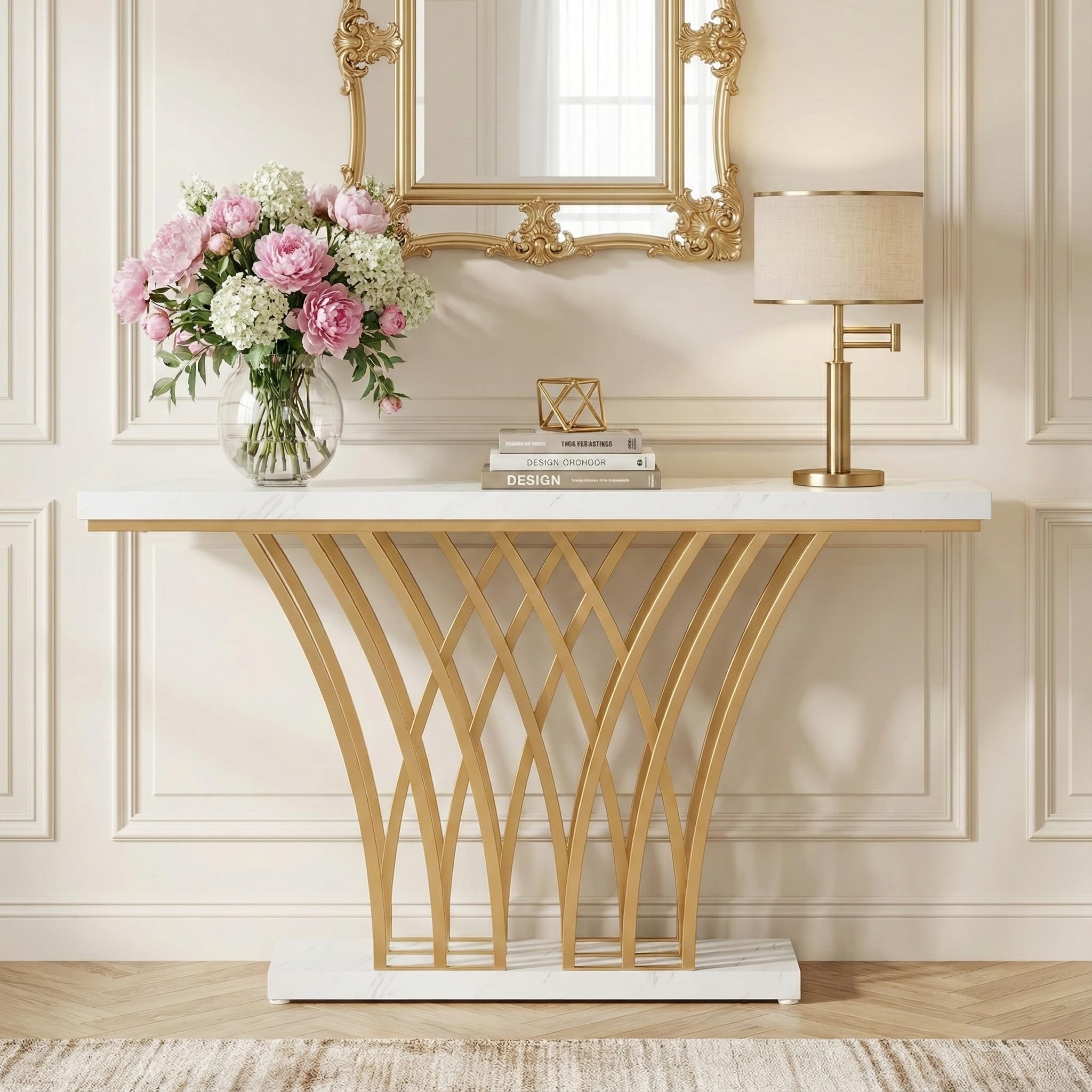 Lailang 150cm Consolle Ingresso, Tavolo Stretto e lungo, Mobile ingresso Legno, Consolle dietro Divano, Mobiletto ingresso moderno, 150 x 30 x 80 cm, White Faux Marble & Gold
