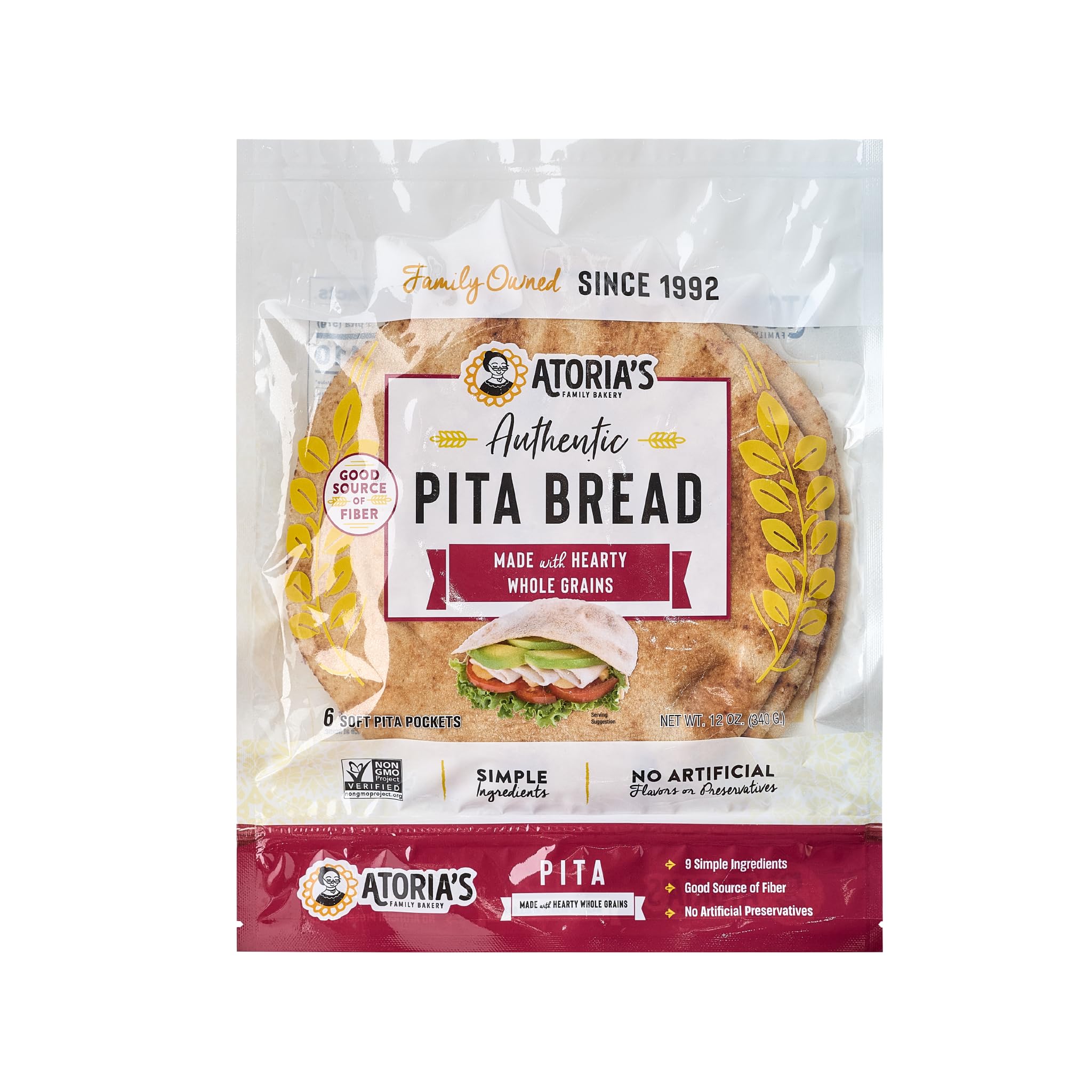 Atoria's Family Bakery Whole Grain Pita Flatbread 8 Pack | 48 Individual Pita Pockets | Fresh Baked, All Natural, GMO Free, and No Artificial Preservatives or Flavors 8-Packs of 6 Sheets (48 Sheets)