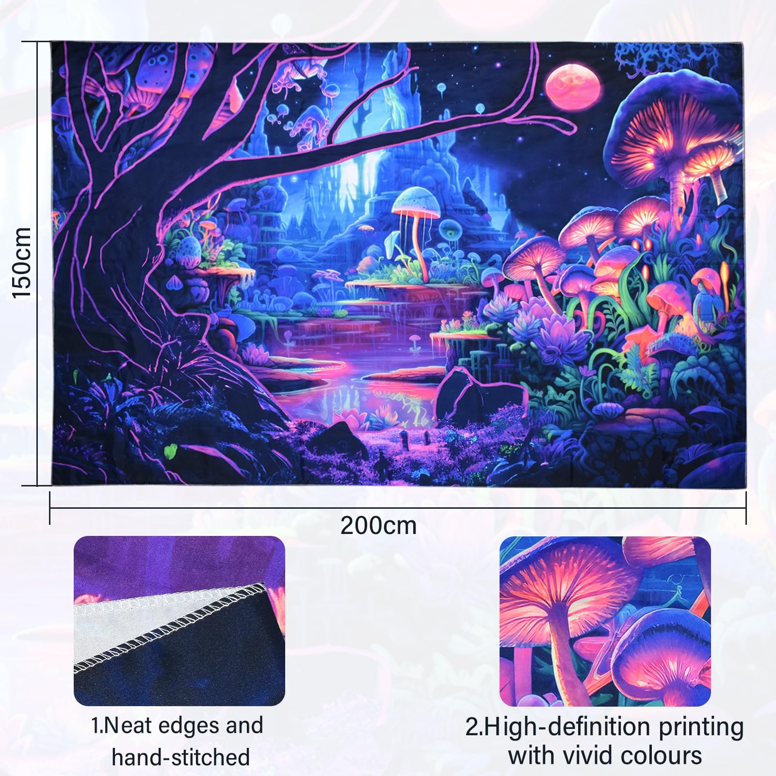 Cyiecw Tapisserie Murale Aesthetic, Lumière Noire Réactive Aux UV, Champignon Plantes Fluorescentes Forêt Psychédélique, Tissu Décoration Tenture Murale Pour Chambre à Coucher, Salon