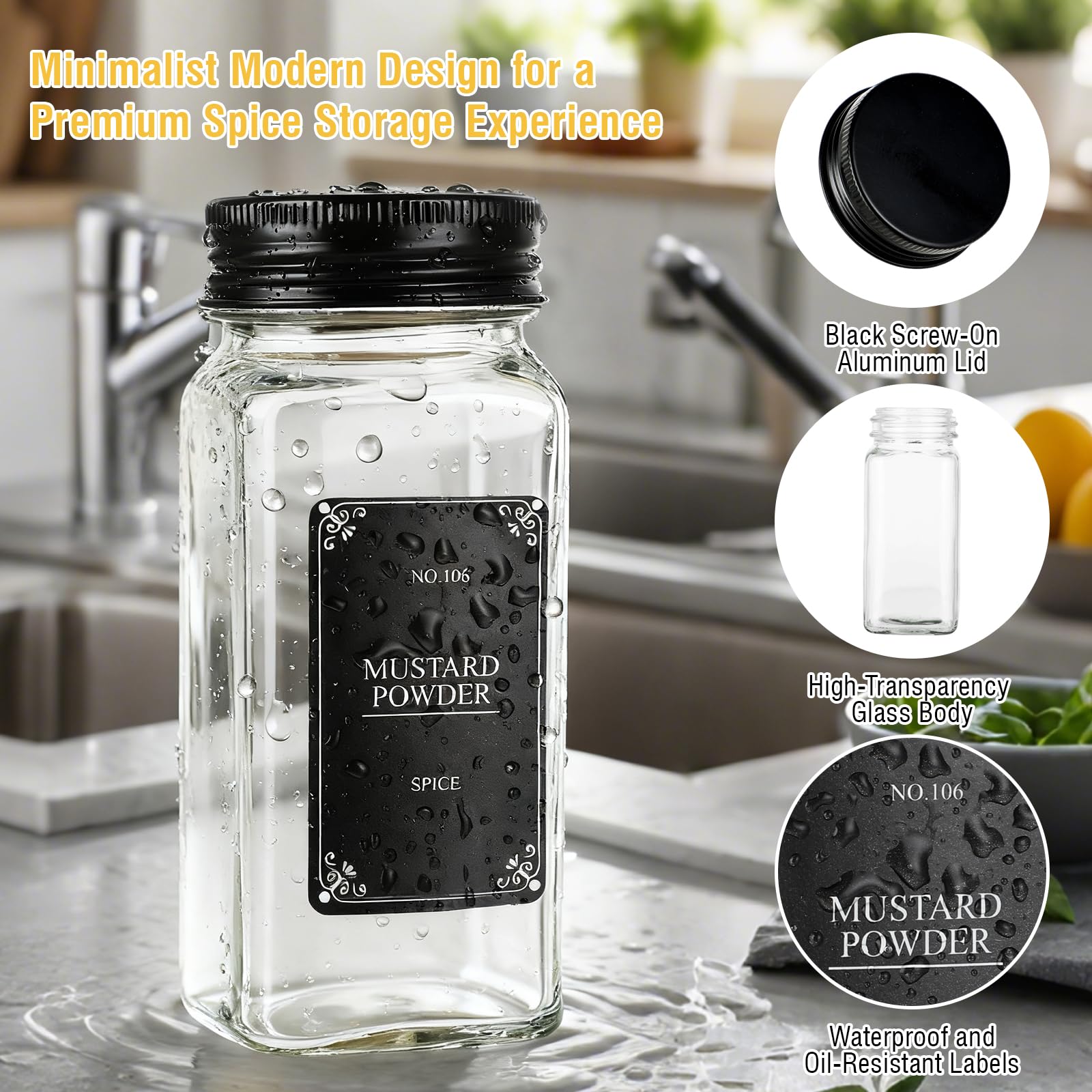 Set 24 Barattoli per Spezie – Contenitori in Vetro 120 ml con Coperchi e Dosatori – Barattoli Ermetici con Etichette, Pennarello, Imbuto, Spazzola – Organizer Cucina per Pepe, Erbe, Sale e Peperoncino