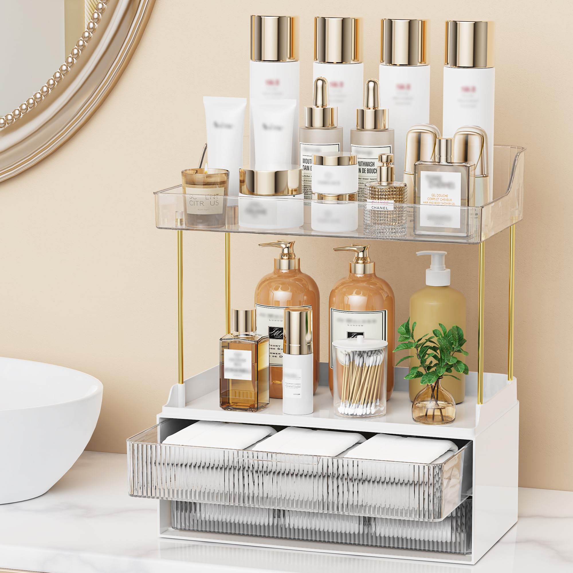 Anylady Bathroom Organizers and Storage, Makeup Organizer (2-Tier 2-Drawer), Ideal for Vanity, Countertop, Counter, Perfume, Skincare, Cabinet, Cosmetic, Dresser Organizer (White)