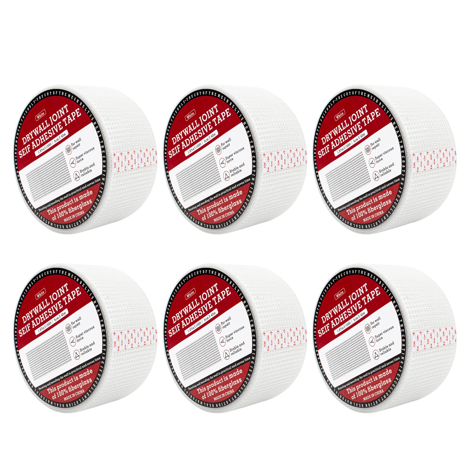 NEZUIBAN 6Pcs - Drywall Joint Tape,Fiberglass Mesh Tape for Drywall Repair,1.97-Iinch by 150 Feet Single Roll Self-Adhesive Drywall Mesh Patch for