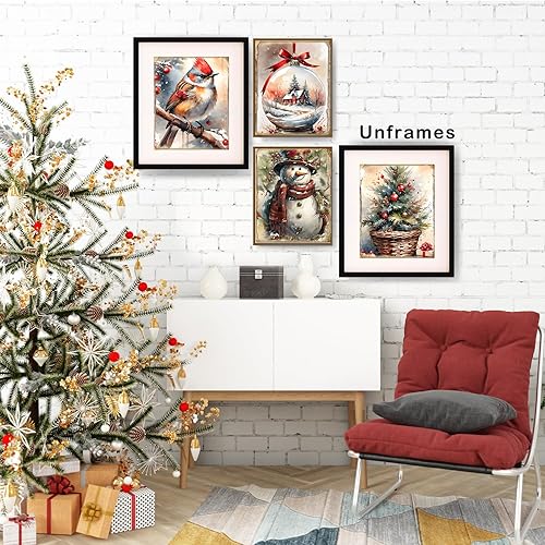 Miniatura 4 de XUNLURY Juego de 4 impresiones artísticas de pared rojas de Navidad sin marco, decoración de pared retro de Navidad, rústico, cardenal, pájaro rojo,