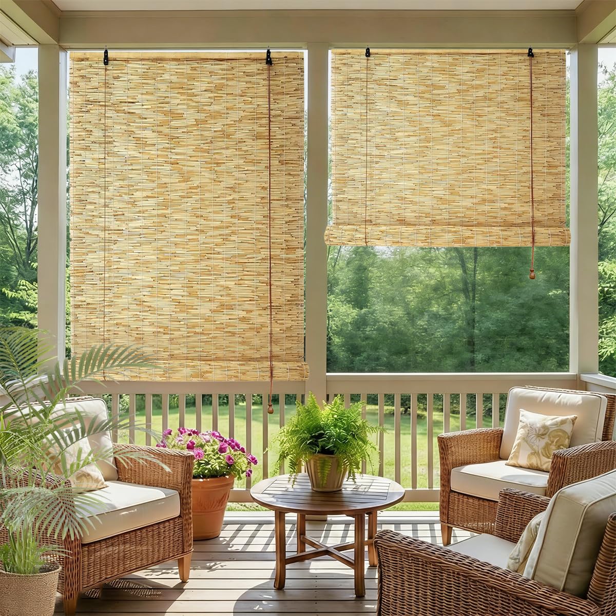 Retro Bamboo Reed Roller Blinds for Windows, Indoor/outdoor Roman Shades, Light Filtering Privacy Screen, Blackout Bamboo Blinds, Outdoor Bamboo Roll up Shades, Anti-UV Waterproof Roller Blind