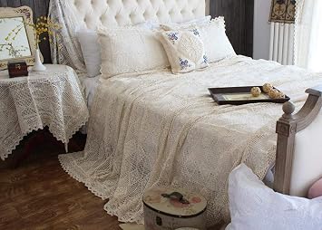 ABREEZE Vintage Cotton Bedding Set Hand Crochet Bedspread Hook Floral Beige Lace Bed Spread with Pillowcases 3Pcs,King