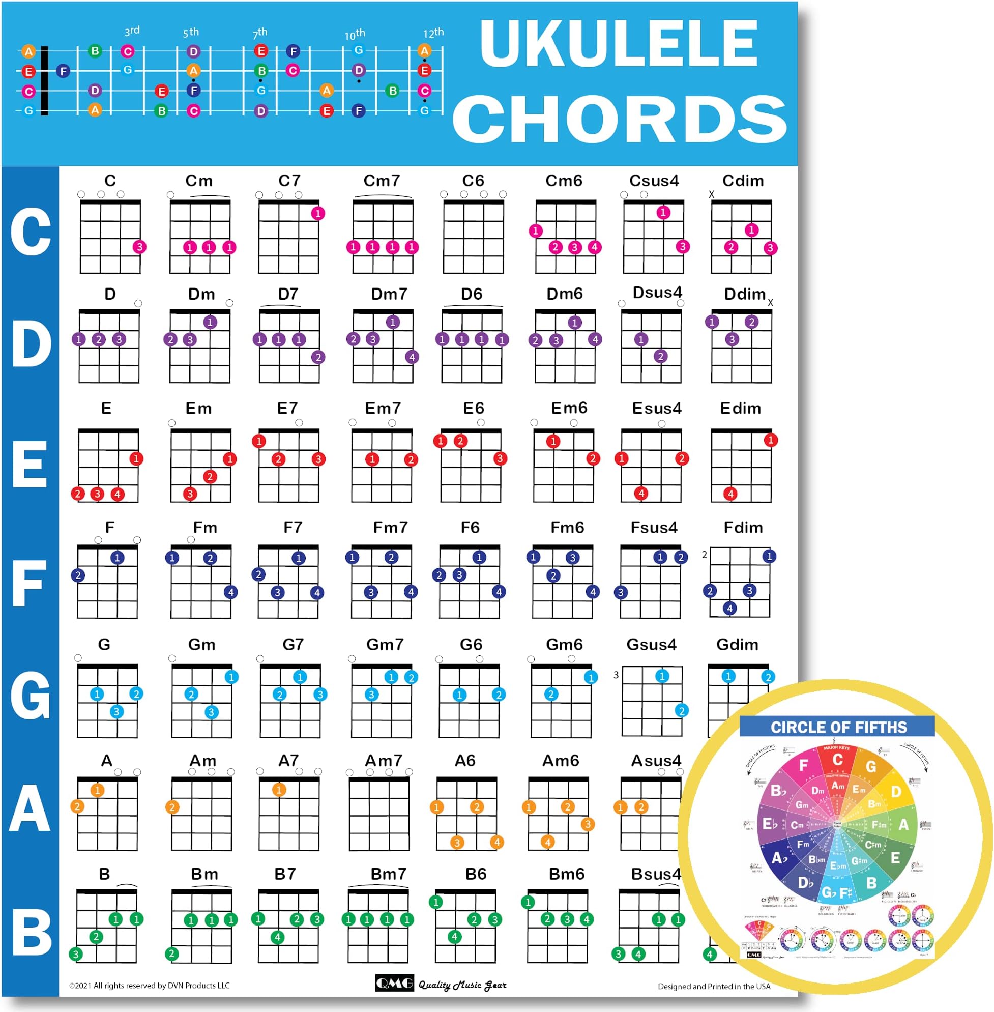 QMG Ukulele Chords Cheatsheet – Laminated A4 Music Theory Chart with Circle of Fifths for Beginners