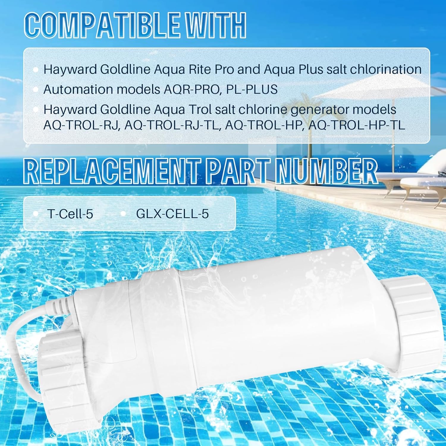 AUGMIRR T-Cell-15 - Sistema de clorador de piscina de agua salada de 40,000 galones para piscina enterrada compatible con Hayward TurboCell T-15 Aquarite Omnilogic Reemplaza la celda T-15 W3T-CELL-15