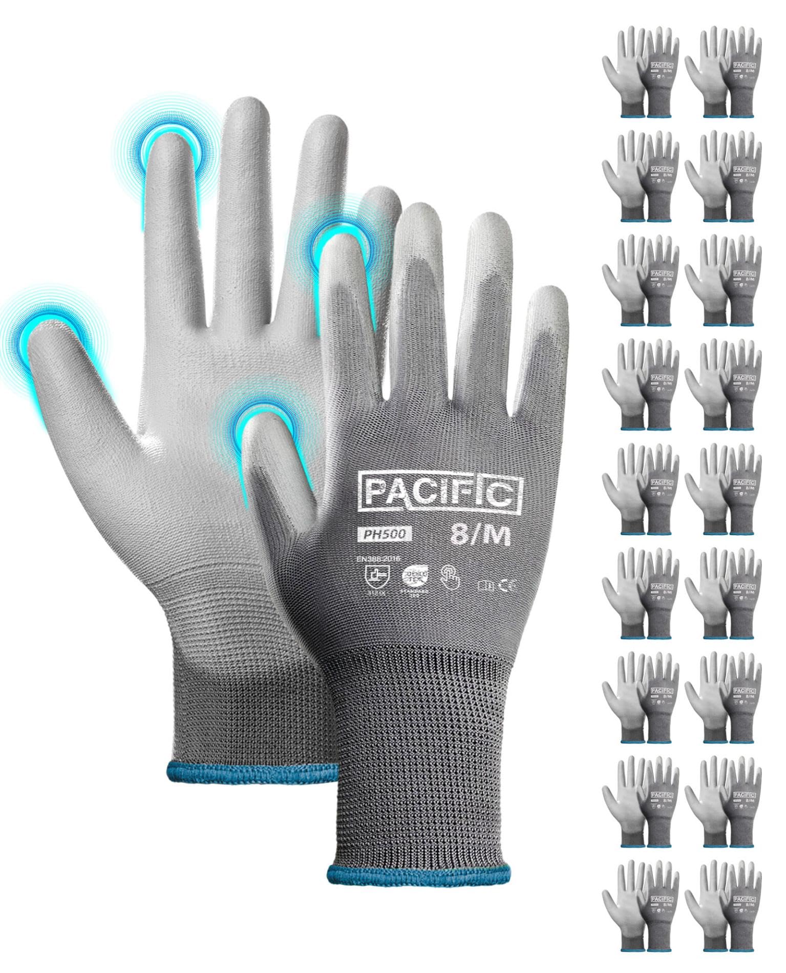 PACIFIC 18 paia di guanti di sicurezza rivestiti in PU, guanti da lavoro multiuso da uomo, Versatili, Protezione Meccanica e Industriale, senza cuciture, Power-Grip, grigio, M/8