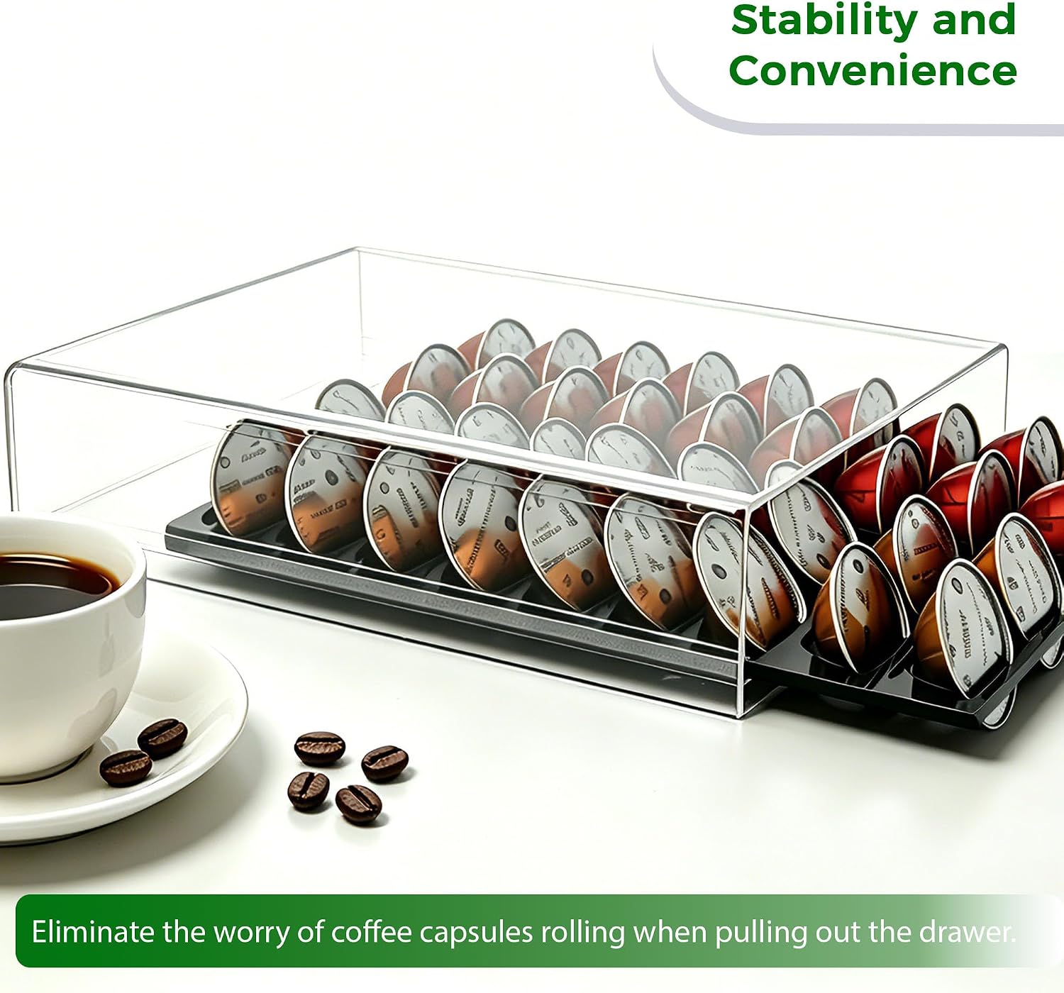 Lovemolly Acrylic Capsule Drawer for Nespresso Vertuo, 40 Pod Coffee Organizer with Thickened Shelf Hold Up to 22 lbs, Countertop Storage Fits Under Coffee Maker, 15"L x 10.7"W x 2.9"H
