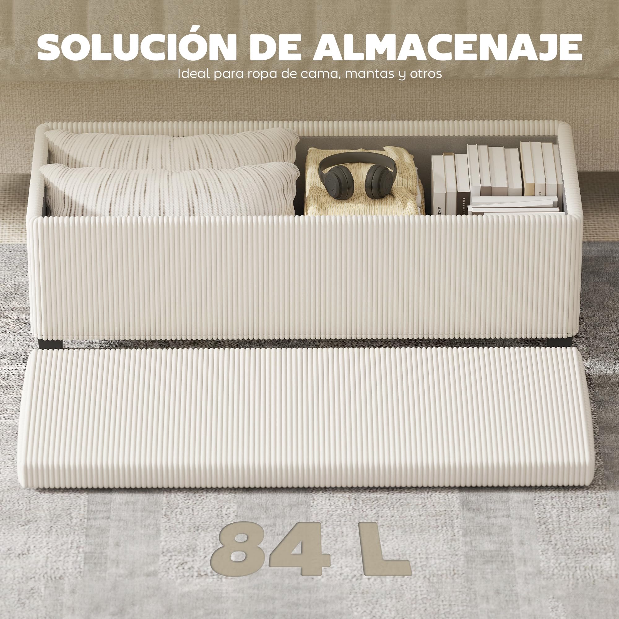 HOMCOM Puff Almacenaje, Banco Almacenaje, Capacidad de 84 L, 112x42x40 cm, Taburete Reposapiés, Tapizado en Pana, Pie de Cama, Carga 220 kg, para Sala de Estar, Dormitorio, Entrada, Beige