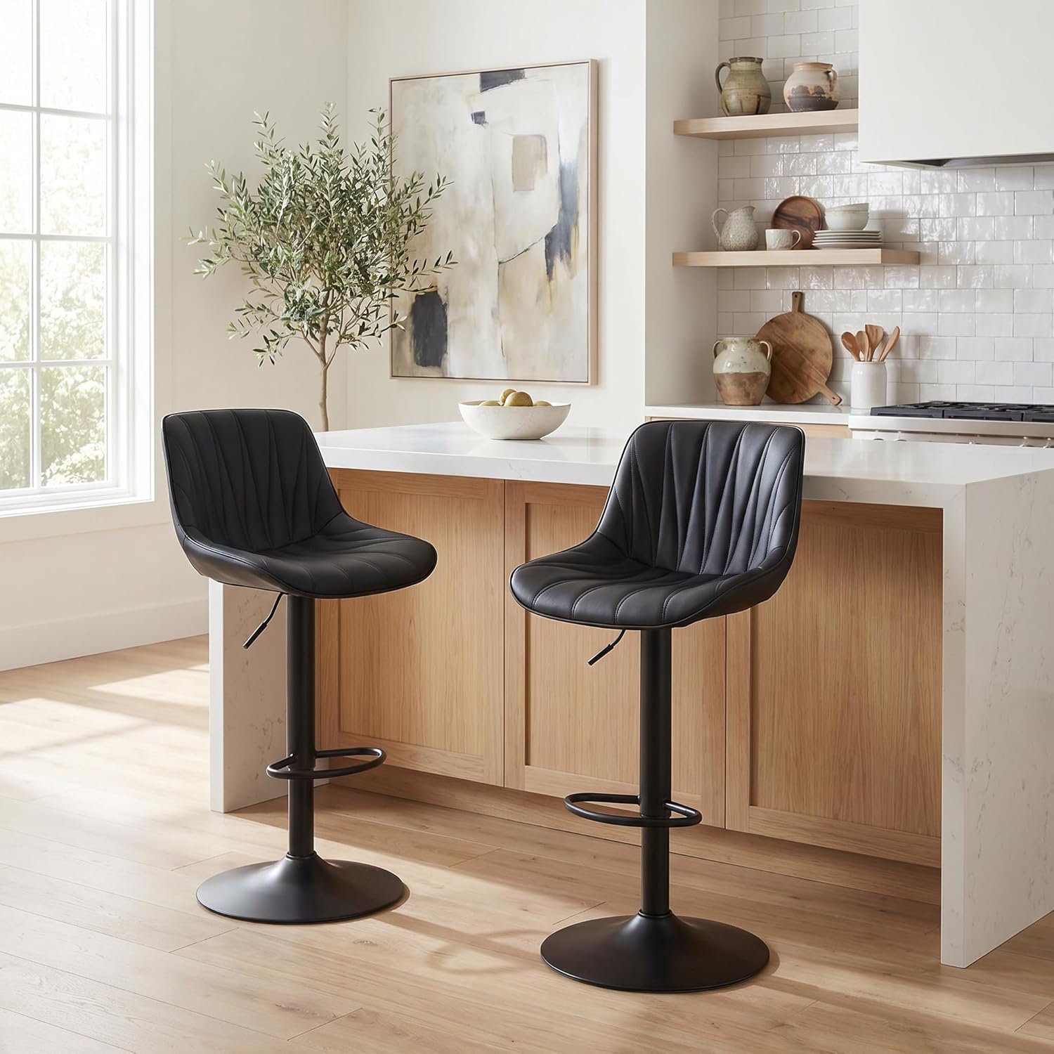 YOUNIKE Bar Stools Set of 2 for Kitchen Island, Black Swivel Tall Bar Stools, Adjustable Barstools with Back, Faux Leather Padded Stools, Modern Counter Height Bar Chairs with 300LBS Support