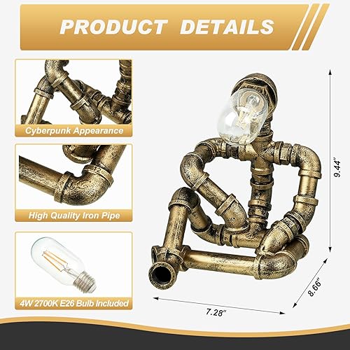 Miniatura 2 de VIHOSE Lámpara de metal, lámpara industrial de hierro, robot, lámpara de escritorio, lámpara de escritorio creativa para hombres, oficina, hogar,