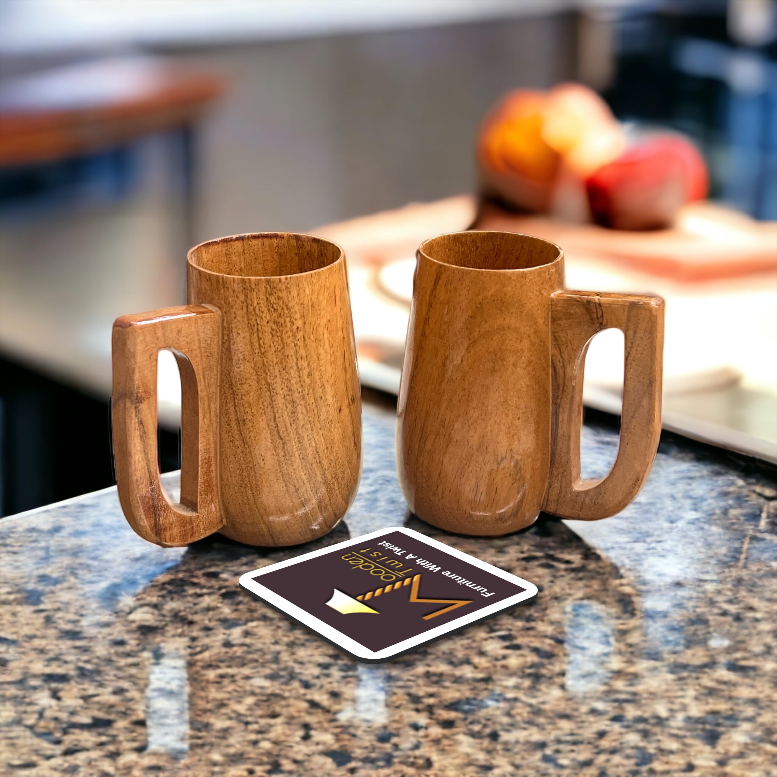 Wooden Twist Acacia Wood Gripping Handle Coffee Mug (Set of 2)