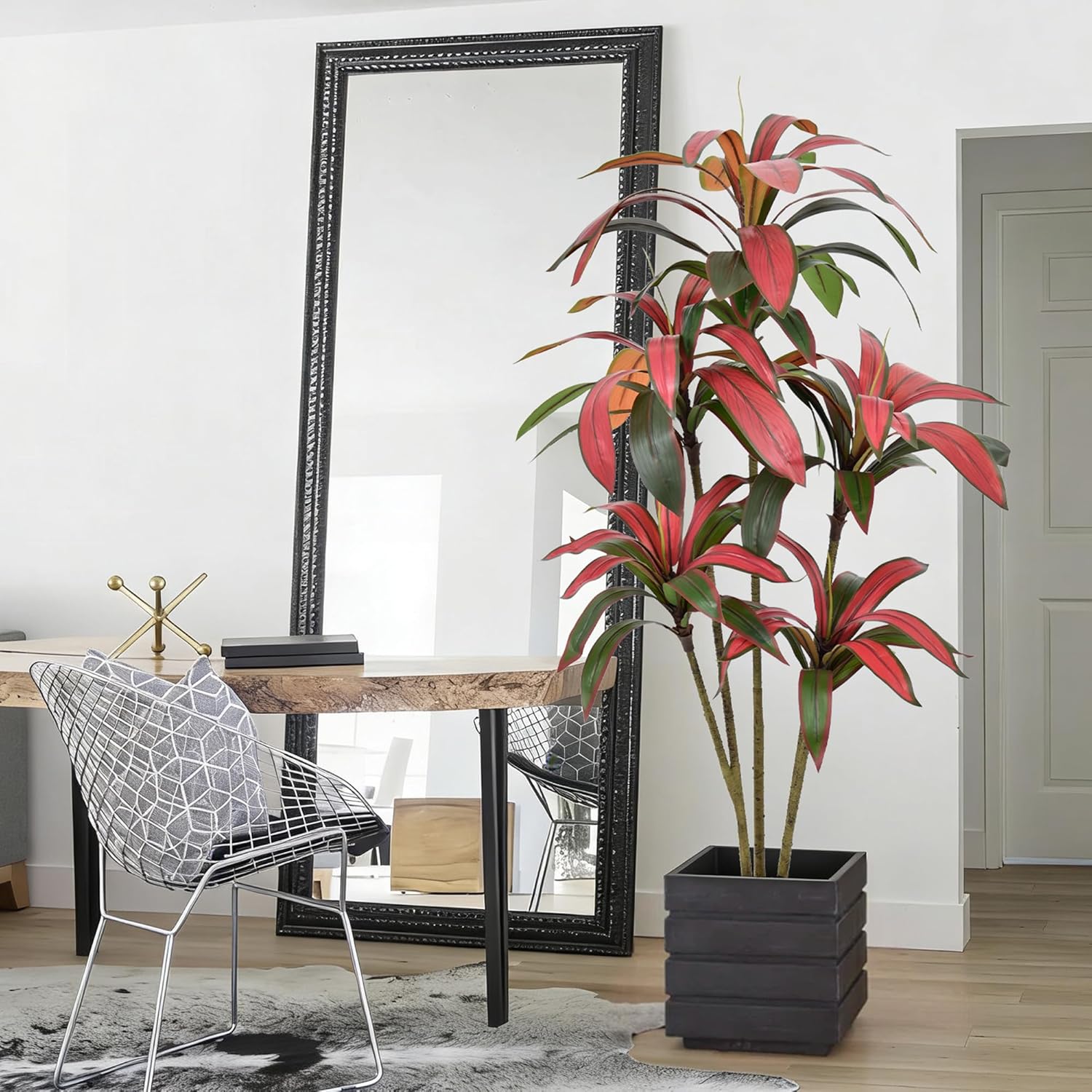 Artificial Dracaena Tree 5FT - Large Faux Plant Indoor Tree with 78 Red Leaves & 5 Heads, 60" Tall Fake Tropical Plant Potted Artificial Floor Plant Trees for Home Living Room Porch Office Decor - Image 6