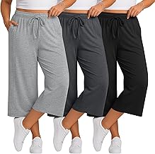 Evervibe 3 Pack Womens Plus Size Capri Pants Wide Leg Casual Elastic Waist Crop Pants Loose Fit Yoga Sweatpants with Pockets