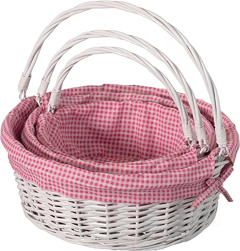 Miniatura 9 de Cesta de regalo tradicional de sauce redondo blanco con forro de guinga azul y blanco y asas plegables resistentes, cesta de almacenamiento de