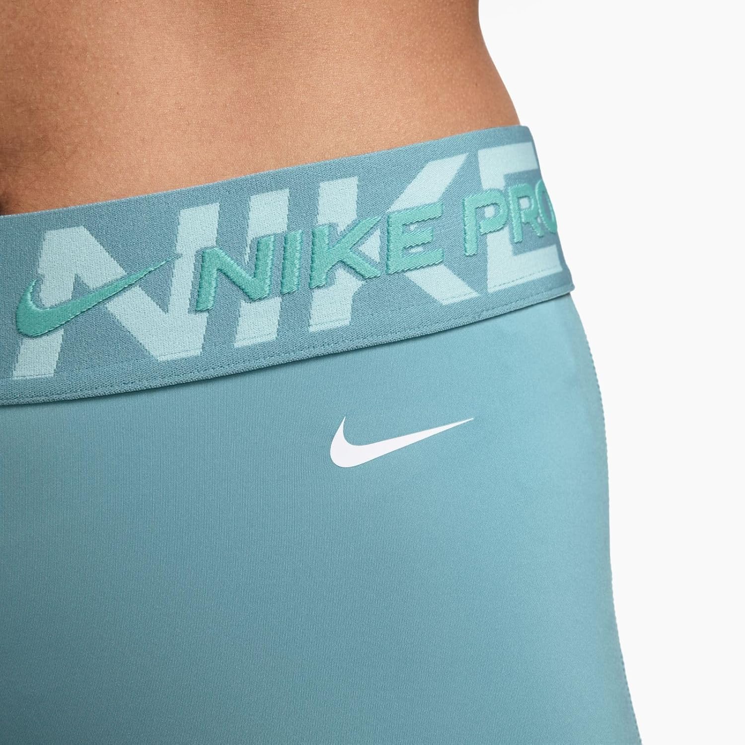 Nike Pro Women's Mid-Rise 3" Graphic Biker Shorts (Denim Turquoise/Glacier Blue/Green Frost/White, FV7838-464) Size Small