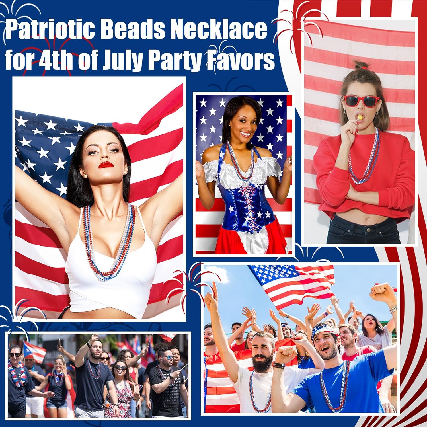 Bucherry 300 Pcs Patriotic 4th of July Beads Bulk Independence Day Beads Necklaces Plastic Red White Blue Memorial Day Necklaces for 4th of July Party Item