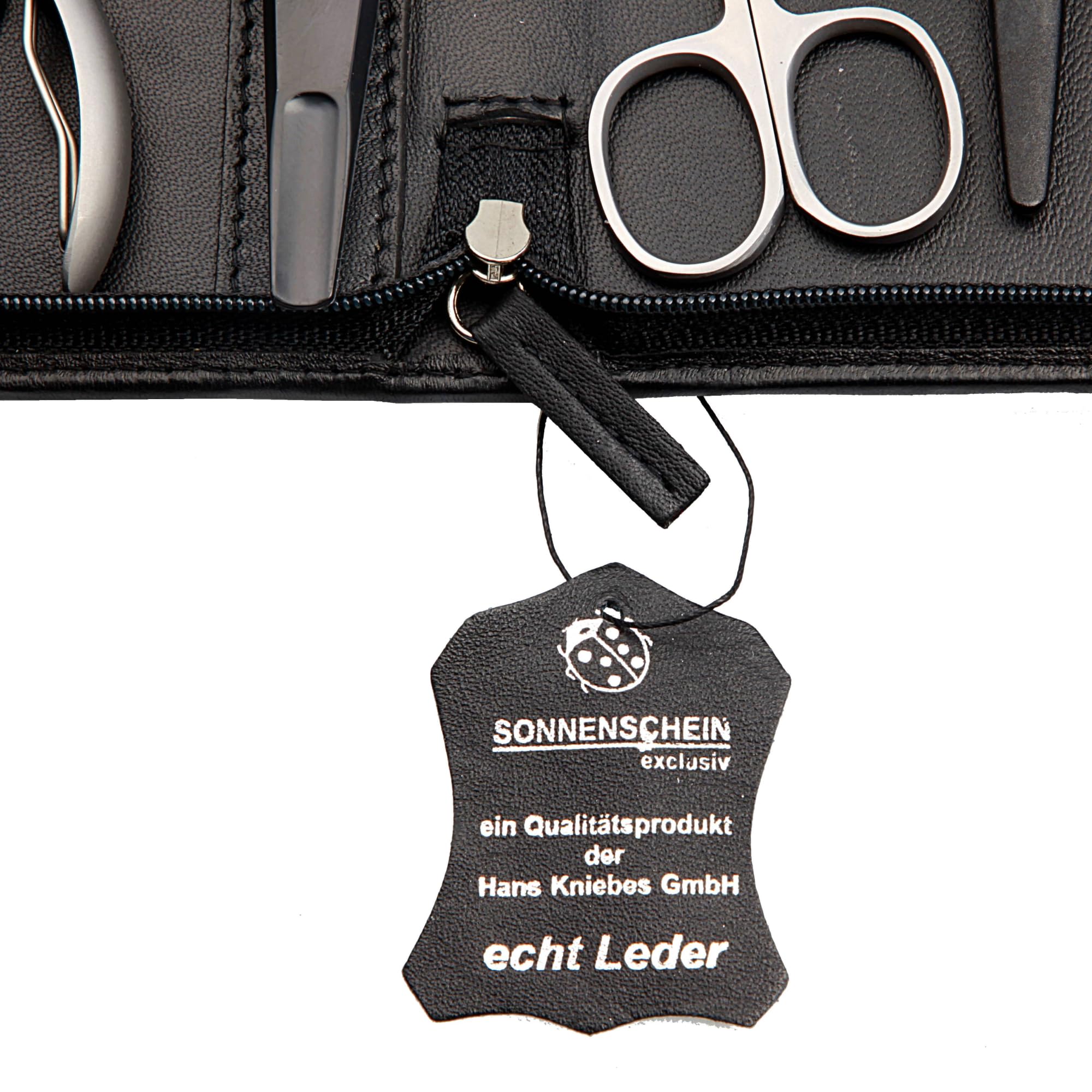 Hans Kniebes Maniküre Set 9-teilig Schwarz – Profi Nagelpflege & Pediküre Set aus Edelstahl – Nappa Leder Etui mit Reißverschluss – Nagelschere, Zangen & Knipser – Premium Manikürbesteck