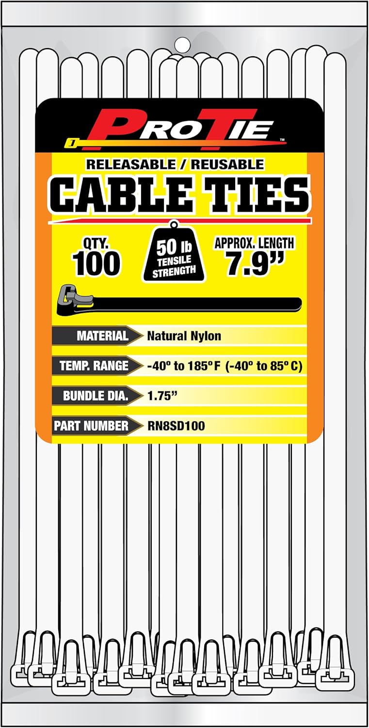 Pro Tie Standard Duty, Releasable Nylon Cable Ties for Indoor and Outdoor Use |11.8-Inch, 50 lbs. Tensile Strength, UV Black Nylon, 100-Pack (PN: RB11SD100)