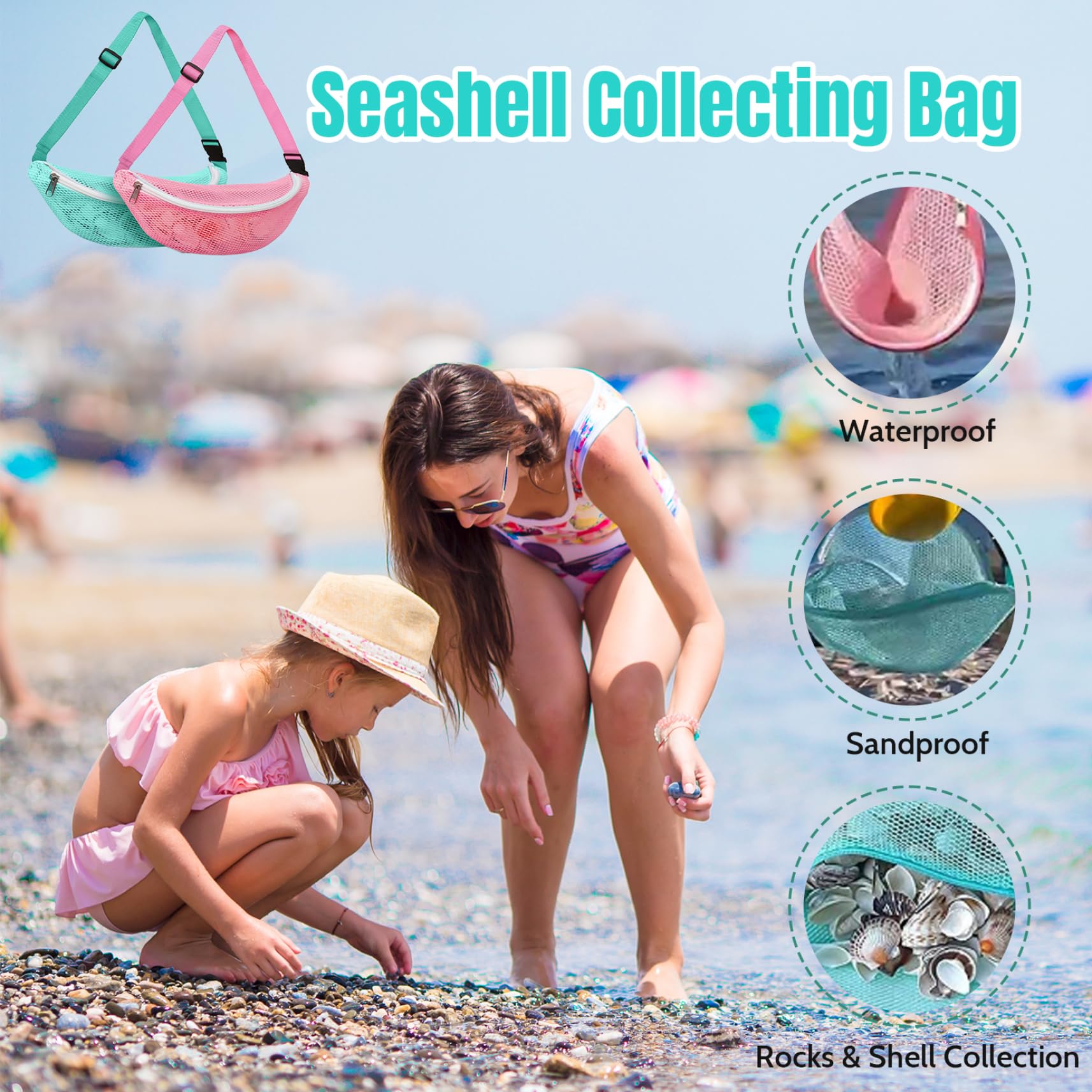 Borsa Conchiglia per Bambini, 2 Borse da Spiaggia in Rete Borsa per Giocattoli da Spiaggia con Cerniera e Tracolla Regolabile, Borse da Raccolta Conchiglie in Vita per Ragazzi e Ragazze