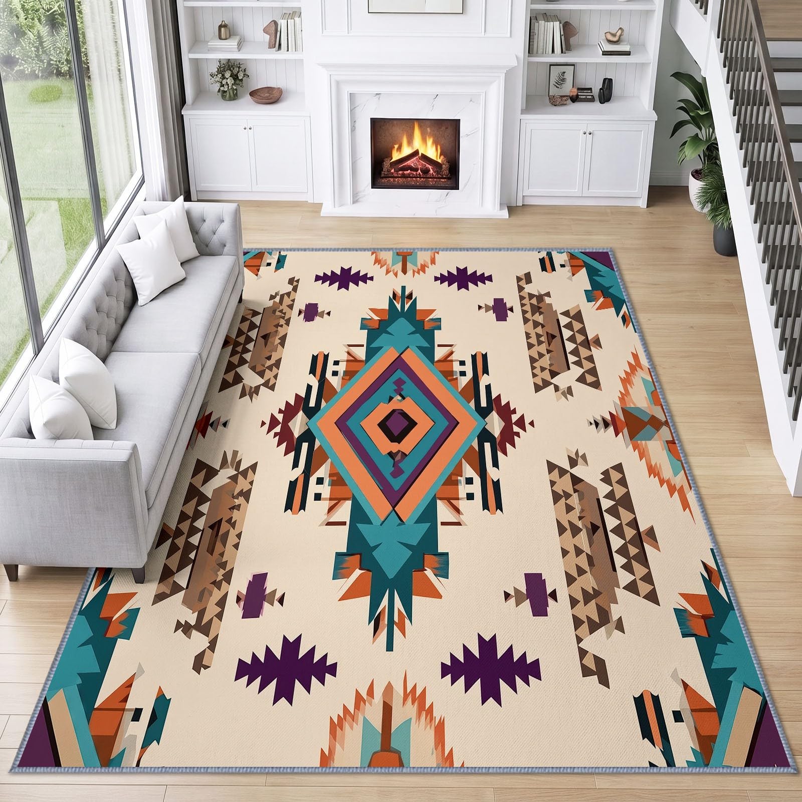 Alfombra lavable 120 x 170 cm, diseño de rombos aztecas, de pelo corto, para habitación infantil, antideslizante, suave, fácil de limpiar, para salón, dormitorio, cocina