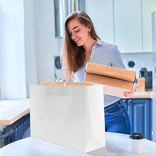 Miniatura 4 de BLEWINDZ 90 bolsas de regalo de papel blanco extra grandes de 16 x 6 x 12 pulgadas, bolsas de papel kraft con asas, bolsas de compras para