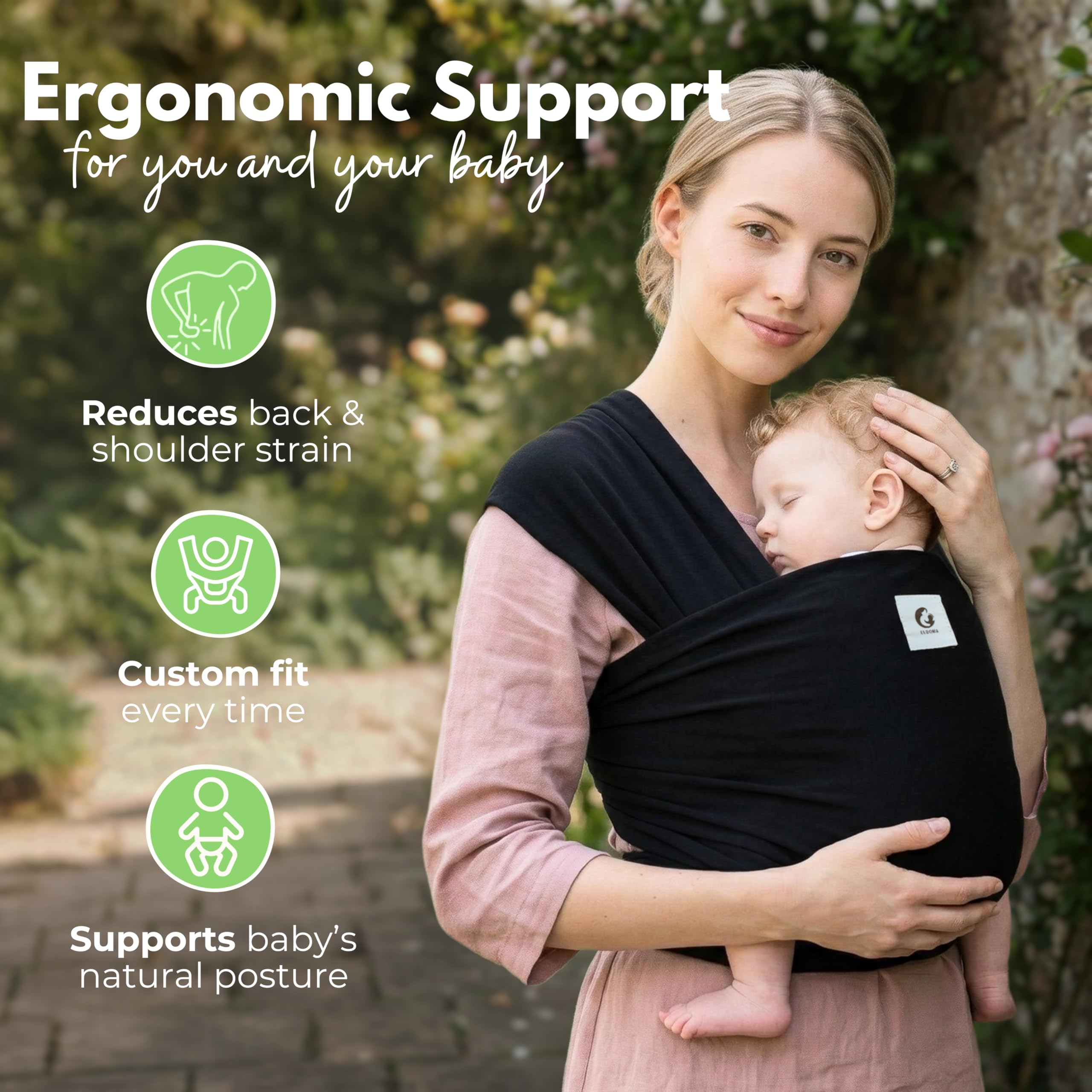ELDOMA Babytragetuch Schwarz für Neugeborene – Leichtes, Atmungsaktives Tragetuch Baby, Ergonomische Babytrage ab Geburt bis Kleinkind (7–35 lbs / 3–15 kg)