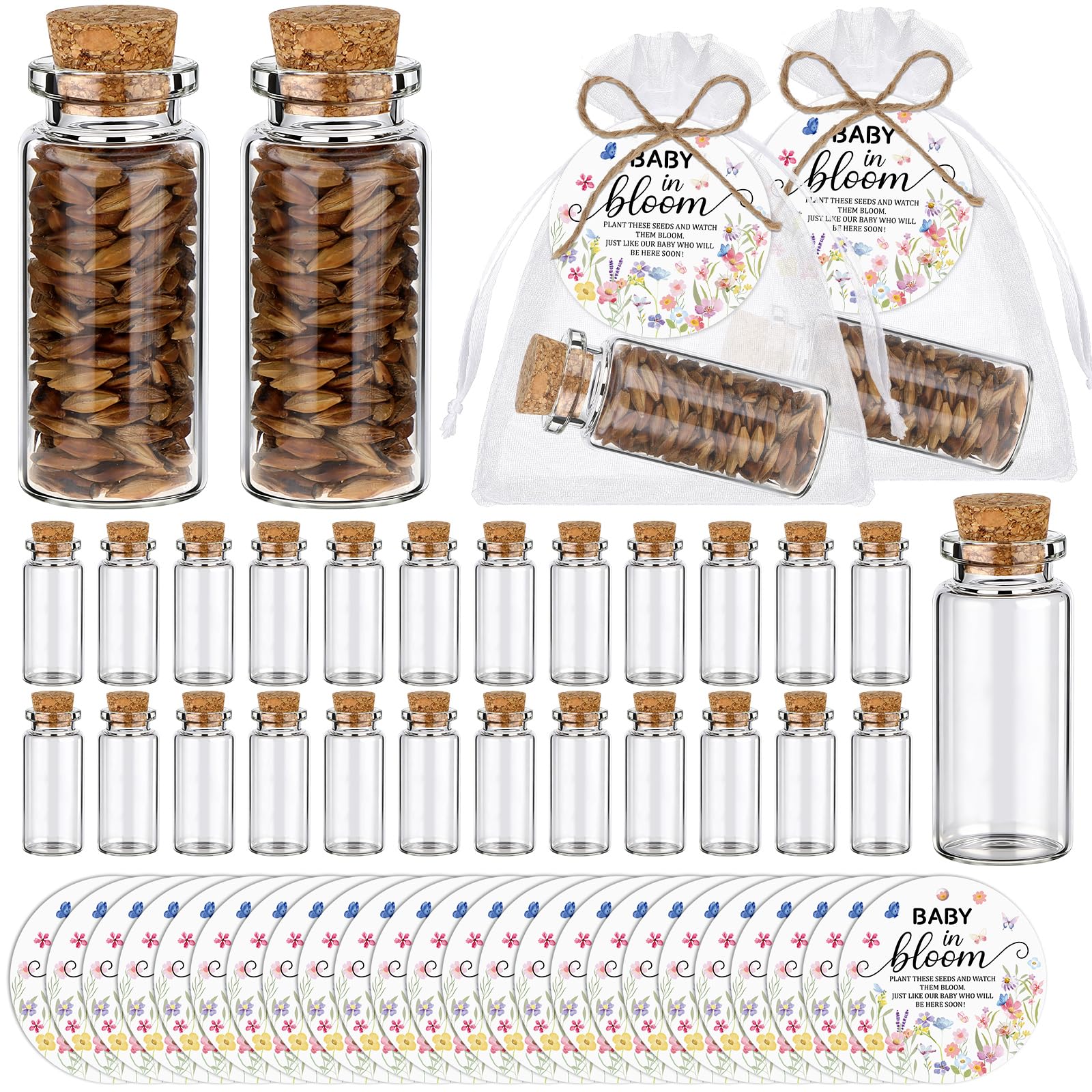 25 Sets Baby in Bloom Baby Shower Seed Organizer Bottles Set Include Glass Bottles Baby in Bloom Cards Organza Bags Hemp Rope Resealable Seed Storage Bottles Set for Gender Reveal Party Gift, No Seed