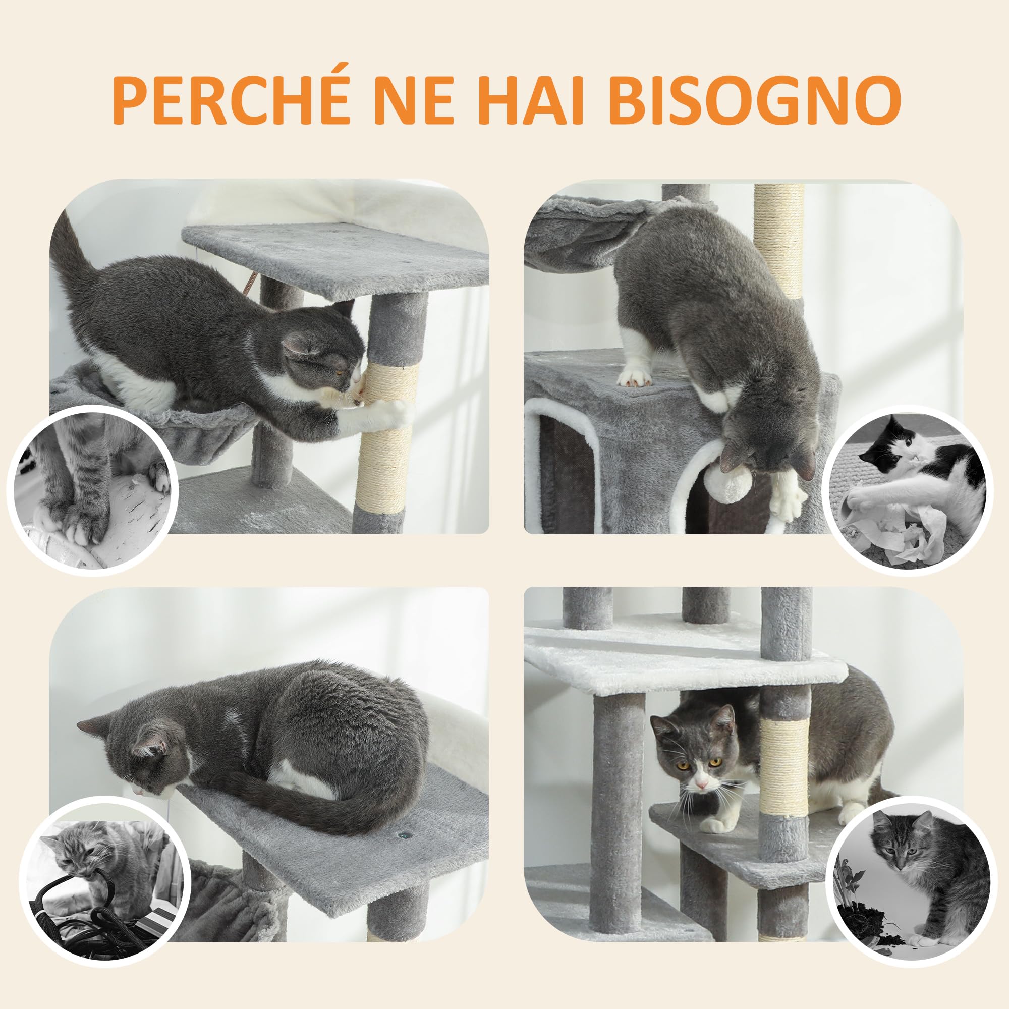 PawHut Tiragraffi per Gatti Alto 165cm con 4 Pali Graffiatoi Sisal Grigio | Albero per Gatti Multilivello, 2 Grotte, Cuccia, Amaca, 4 Pompon, Piattaforme, Rampa, Torre per Gattini, in Peluche